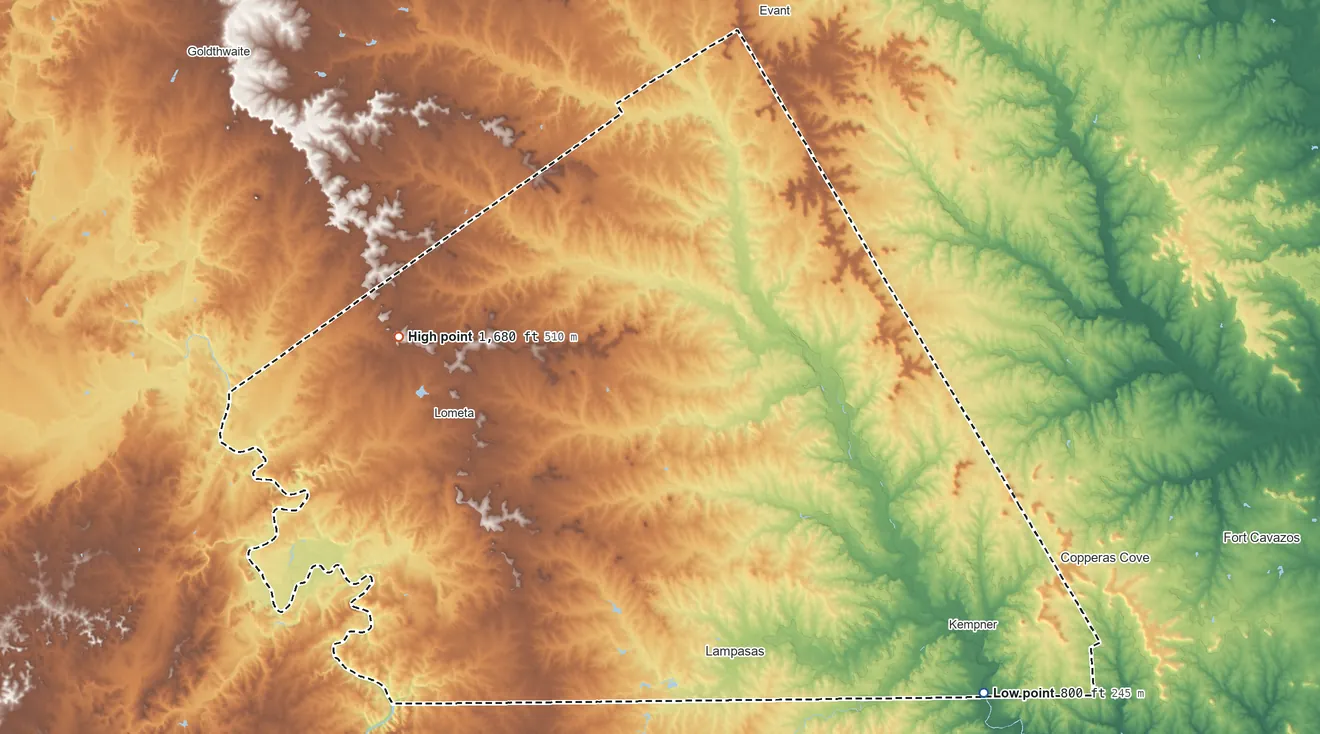 Topographic elevation map of Lampasas County, Texas, shaded from 800 ft on the southeast side to 1,680 ft on the west side
