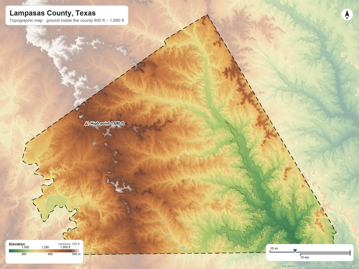 Topographic elevation map of Lampasas County, Texas, shaded from 800 ft on the southeast side to 1,680 ft on the west side