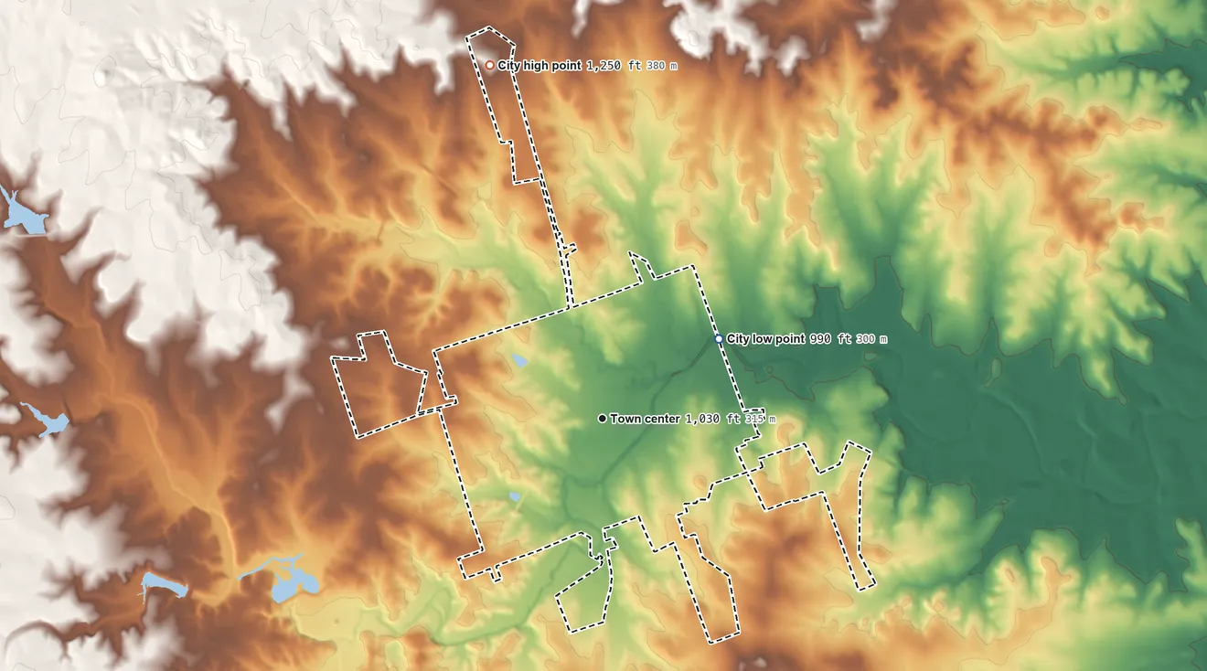 Topographic elevation map of Lampasas, Texas, shaded from 990 ft on the northeast side to 1,250 ft on the north side