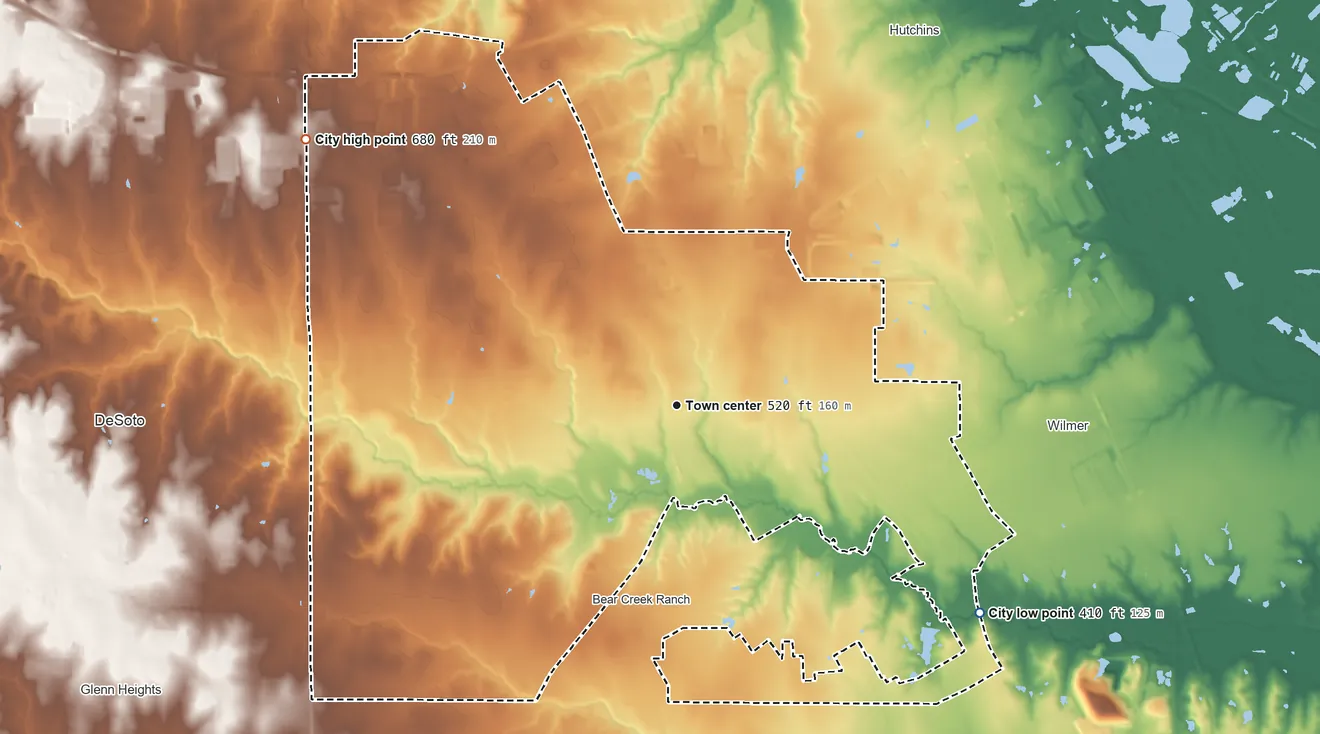 Topographic elevation map of Lancaster, Texas, shaded from 410 ft on the southeast side to 680 ft on the northwest side