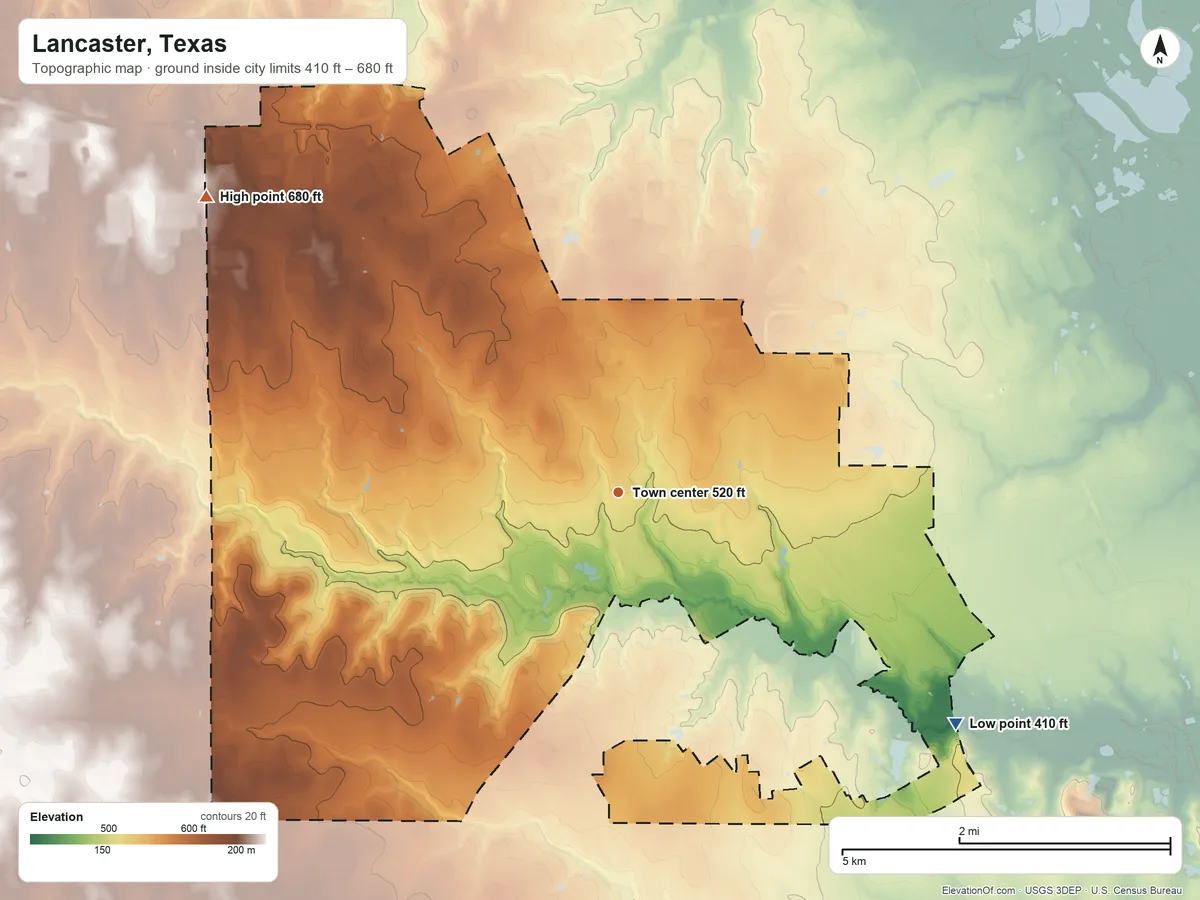Topographic elevation map of Lancaster, Texas, shaded from 410 ft on the southeast side to 680 ft on the northwest side