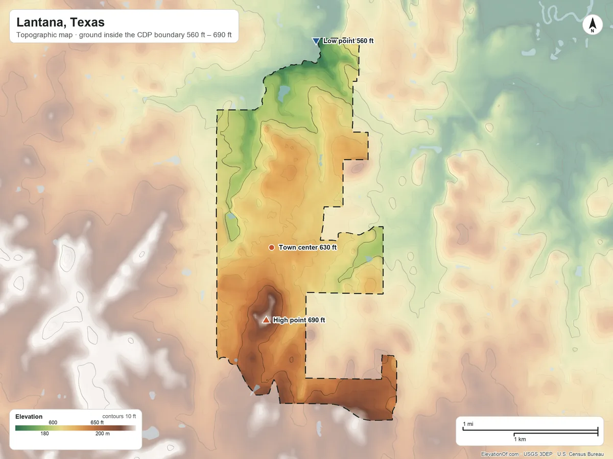 Topographic elevation map of Lantana, Texas, shaded from 560 ft on the north side to 690 ft on the south side