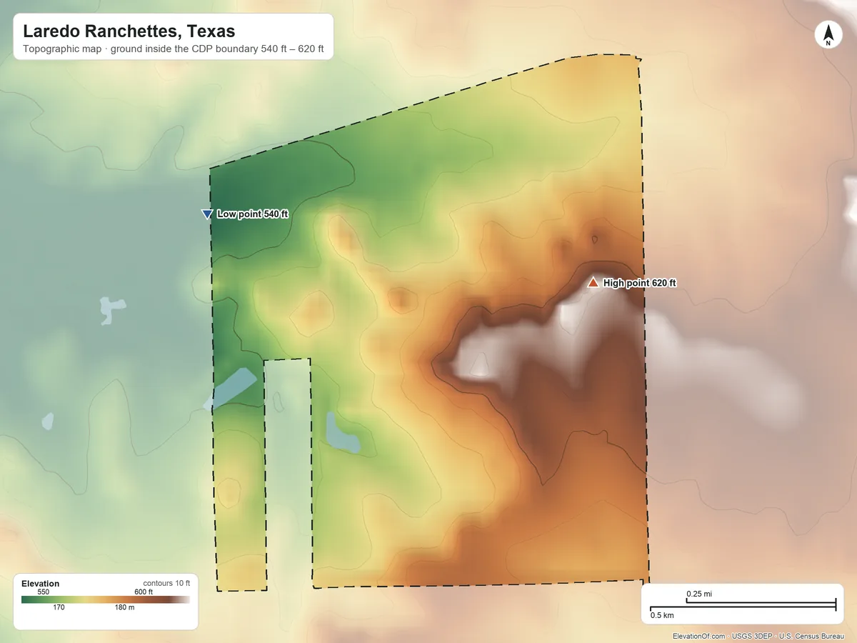 Topographic elevation map of Laredo Ranchettes, Texas, shaded from 540 ft on the northwest side to 620 ft on the east side
