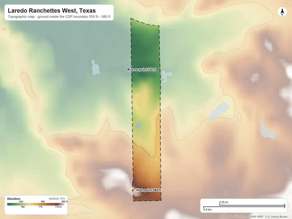 Topographic elevation map of Laredo Ranchettes West, Texas, shaded from 530 ft on the northwest side to 580 ft on the south side