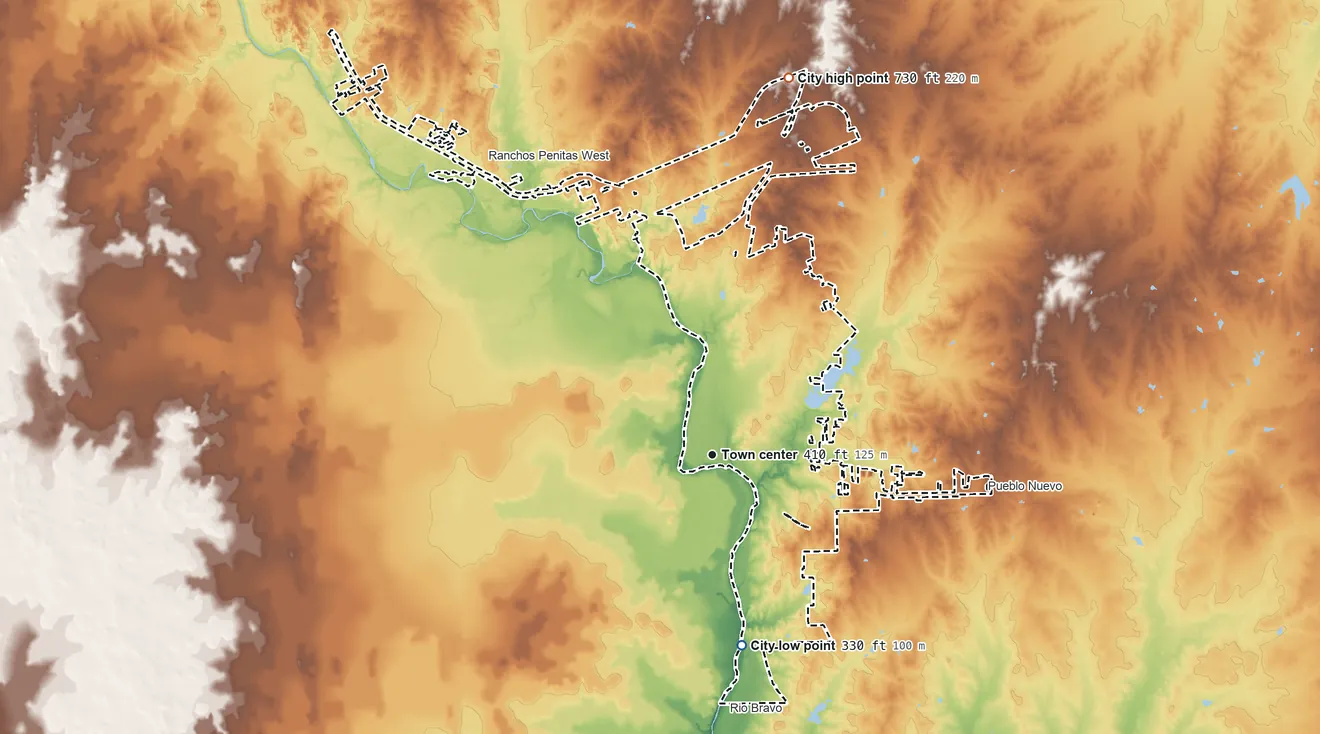 Topographic elevation map of Laredo, Texas, shaded from 330 ft on the south side to 730 ft on the north side