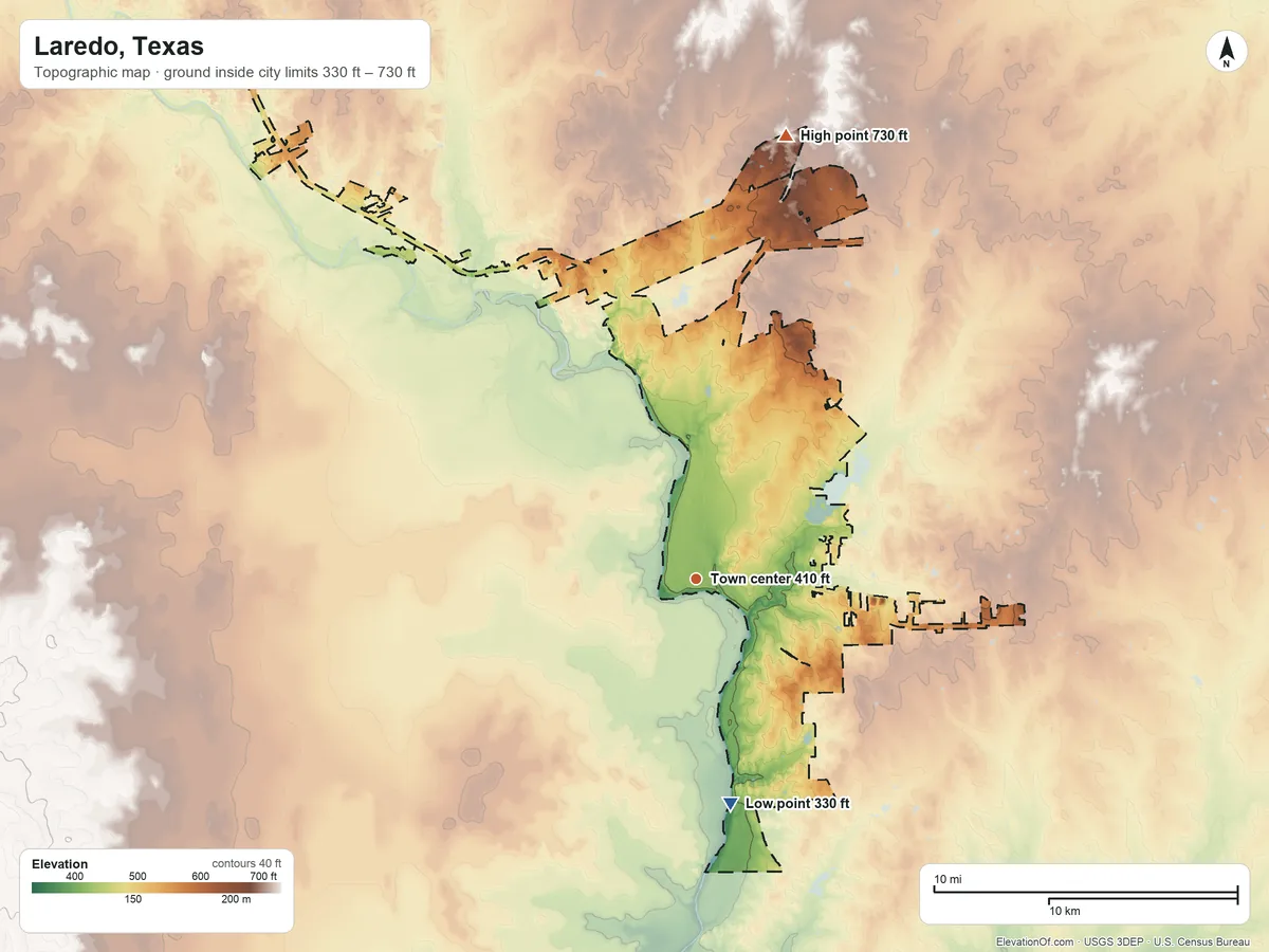 Topographic elevation map of Laredo, Texas, shaded from 330 ft on the south side to 730 ft on the north side