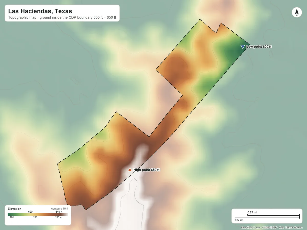 Topographic elevation map of Las Haciendas, Texas, shaded from 600 ft on the northeast side to 650 ft near the middle