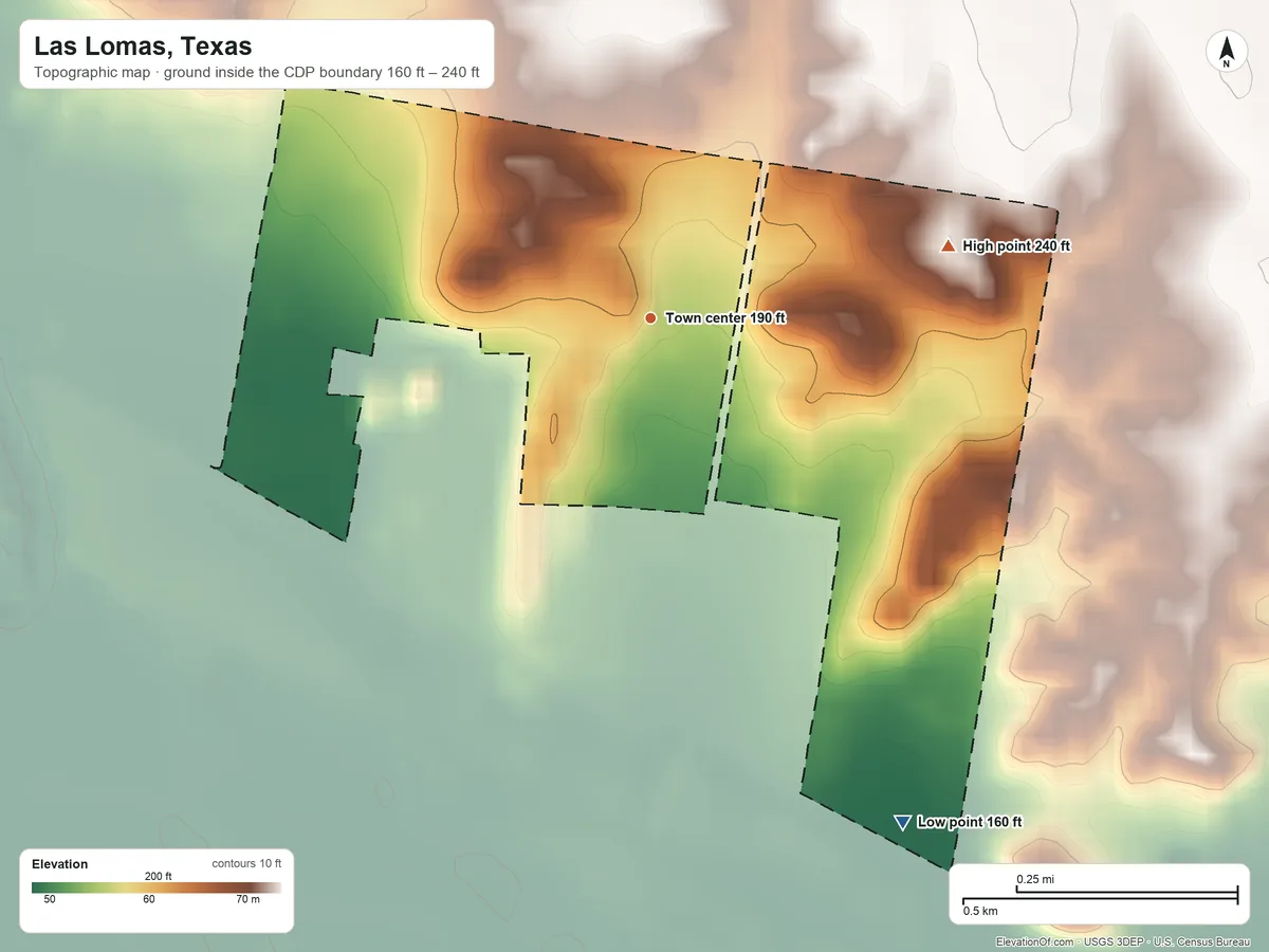 Topographic elevation map of Las Lomas, Texas, shaded from 160 ft on the southeast side to 240 ft on the east side