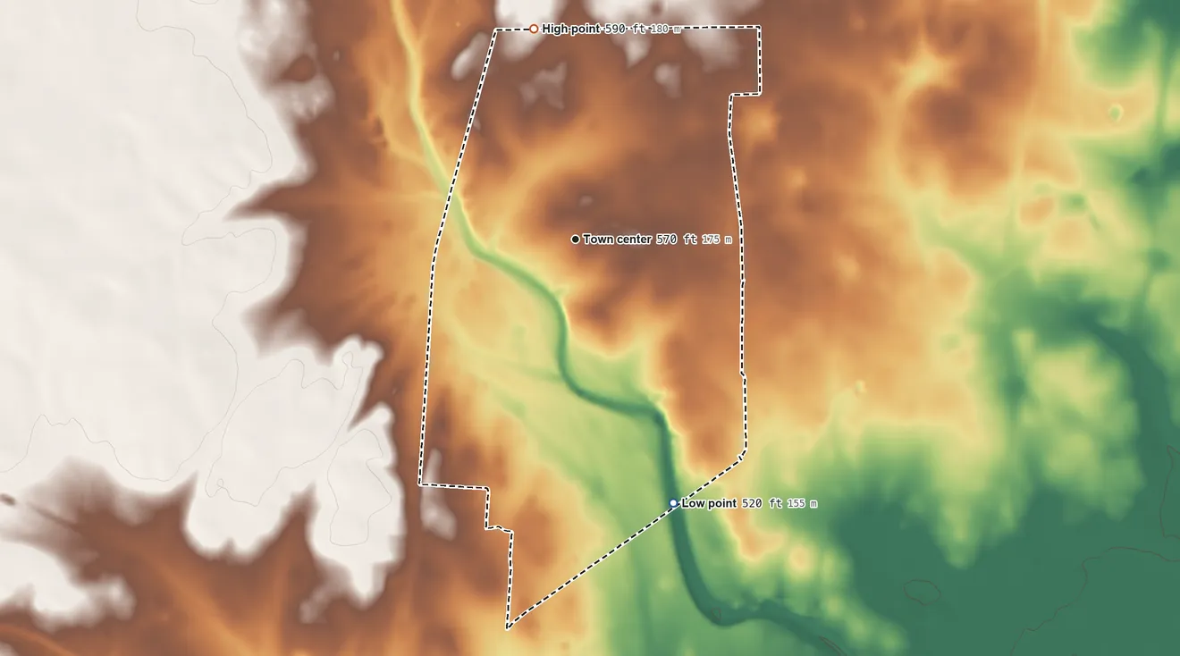 Topographic elevation map of Las Lomitas, Texas, shaded from 520 ft on the south side to 590 ft on the north side