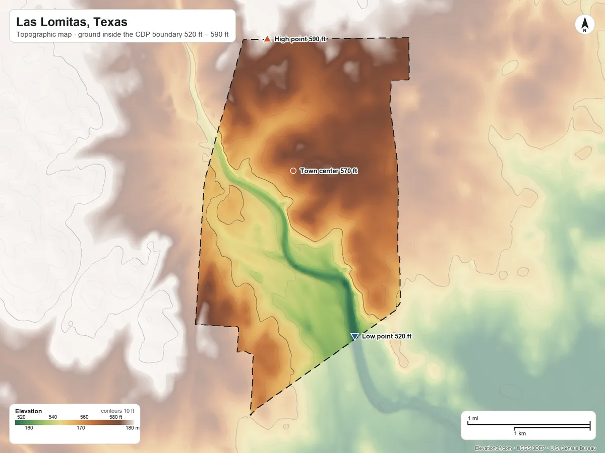 Topographic elevation map of Las Lomitas, Texas, shaded from 520 ft on the south side to 590 ft on the north side