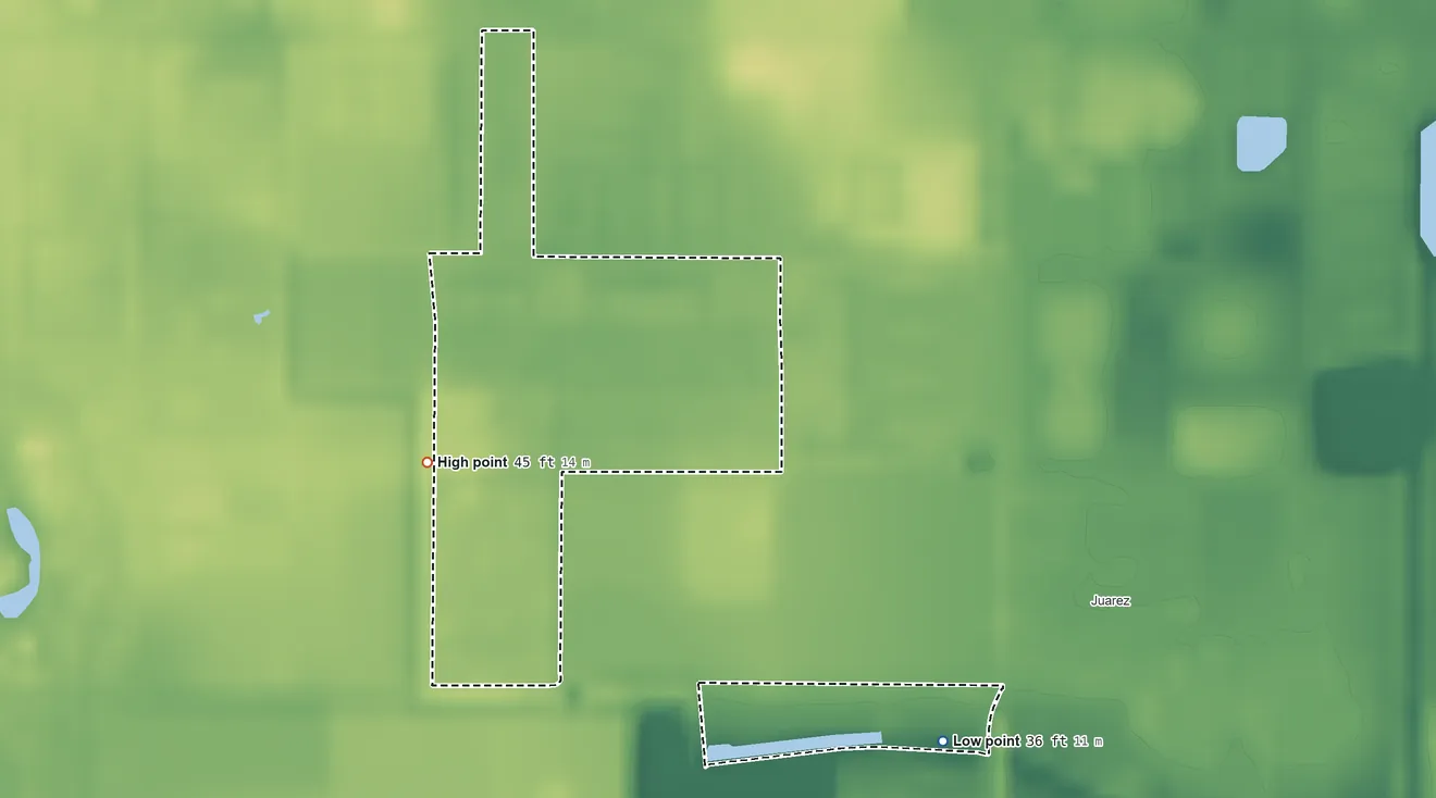 Topographic elevation map of Las Palmas II, Texas, shaded from 36 ft on the southeast side to 45 ft near the middle
