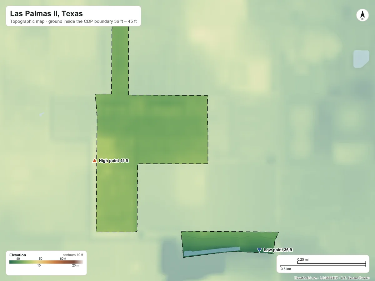 Topographic elevation map of Las Palmas II, Texas, shaded from 36 ft on the southeast side to 45 ft near the middle