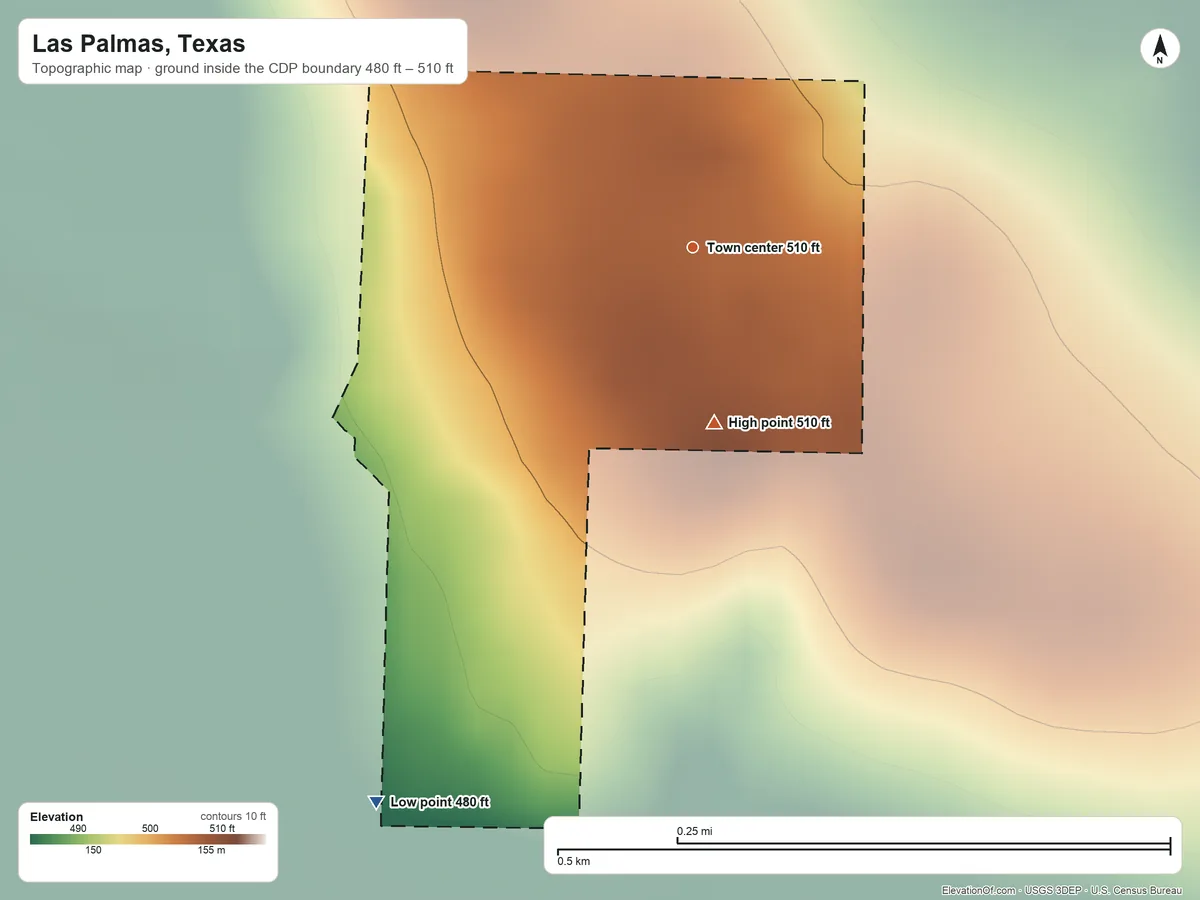 Topographic elevation map of Las Palmas, Texas, shaded from 480 ft on the southwest side to 510 ft on the south side