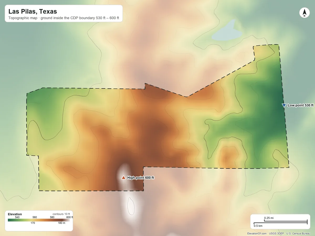 Topographic elevation map of Las Pilas, Texas, shaded from 530 ft on the east side to 600 ft on the southeast side