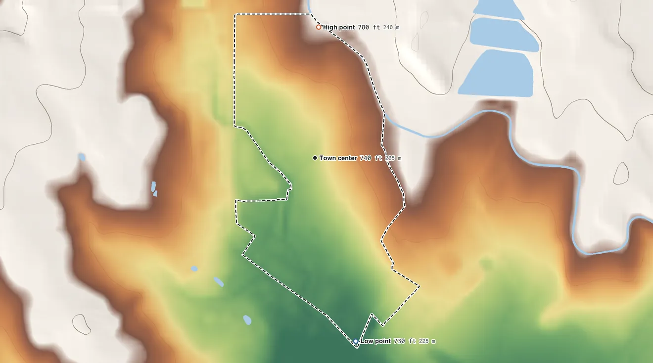 Topographic elevation map of Las Quintas Fronterizas, Texas, shaded from 730 ft on the south side to 780 ft on the north side