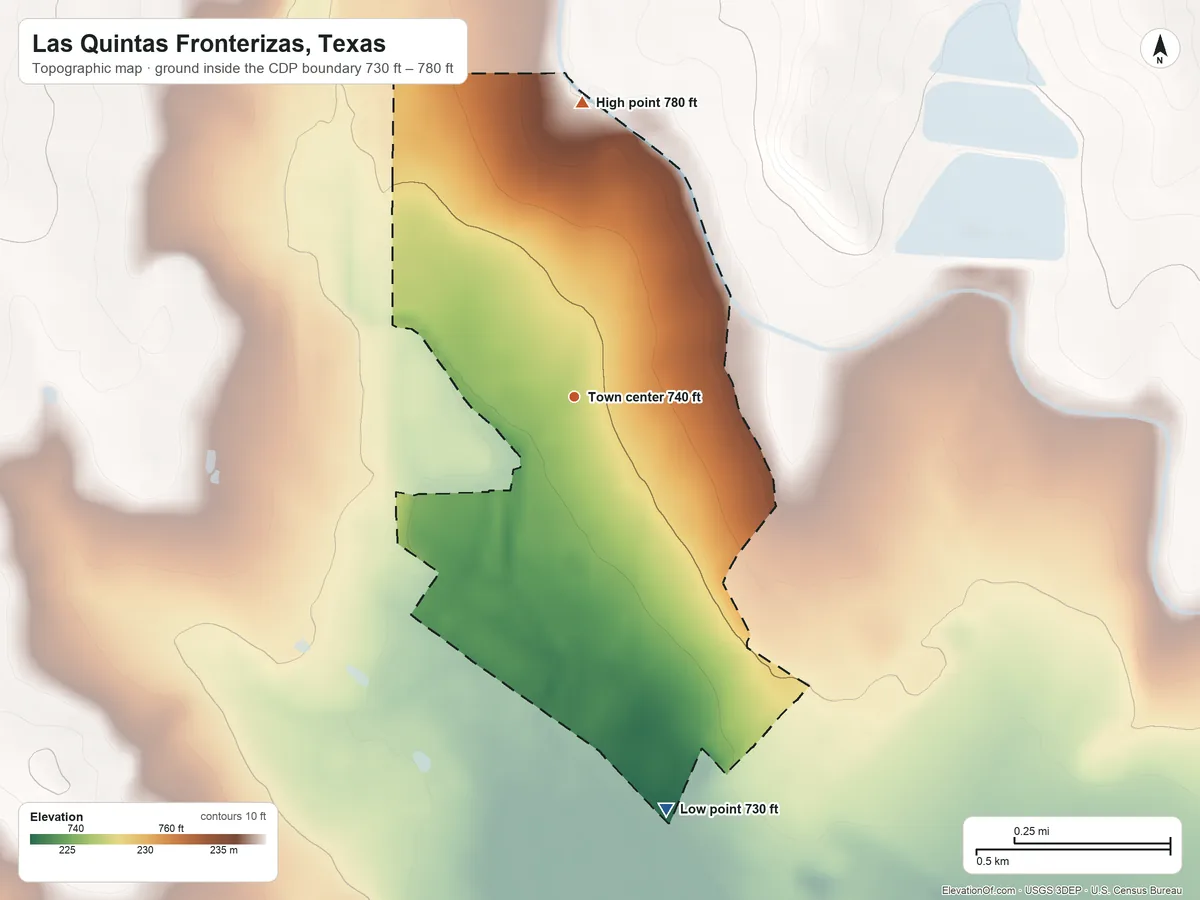 Topographic elevation map of Las Quintas Fronterizas, Texas, shaded from 730 ft on the south side to 780 ft on the north side