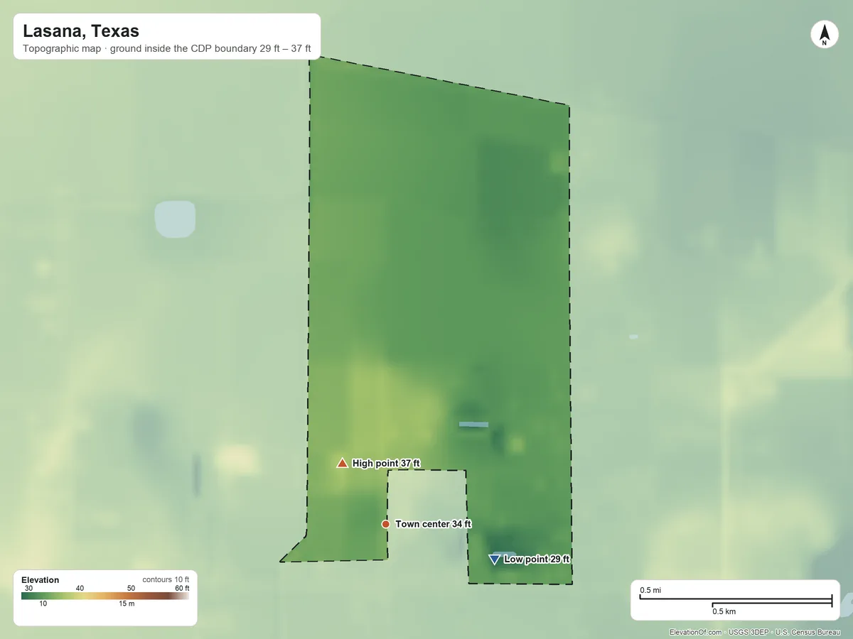 Topographic elevation map of Lasana, Texas, shaded from 29 ft on the east side to 37 ft on the northwest side
