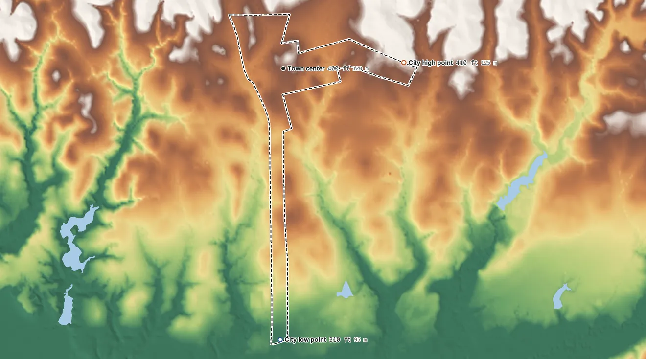 Topographic elevation map of Latexo, Texas, shaded from 310 ft on the south side to 410 ft on the east side