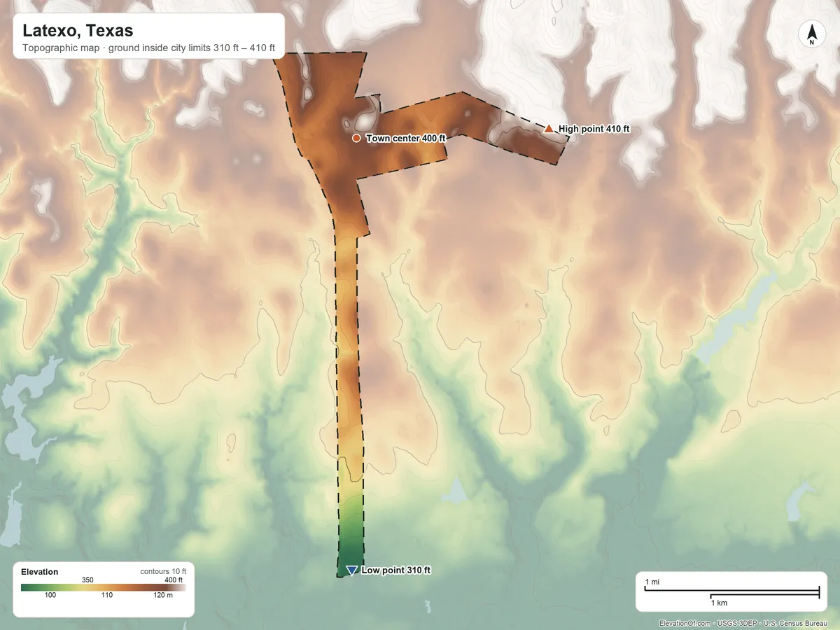 Topographic elevation map of Latexo, Texas, shaded from 310 ft on the south side to 410 ft on the east side