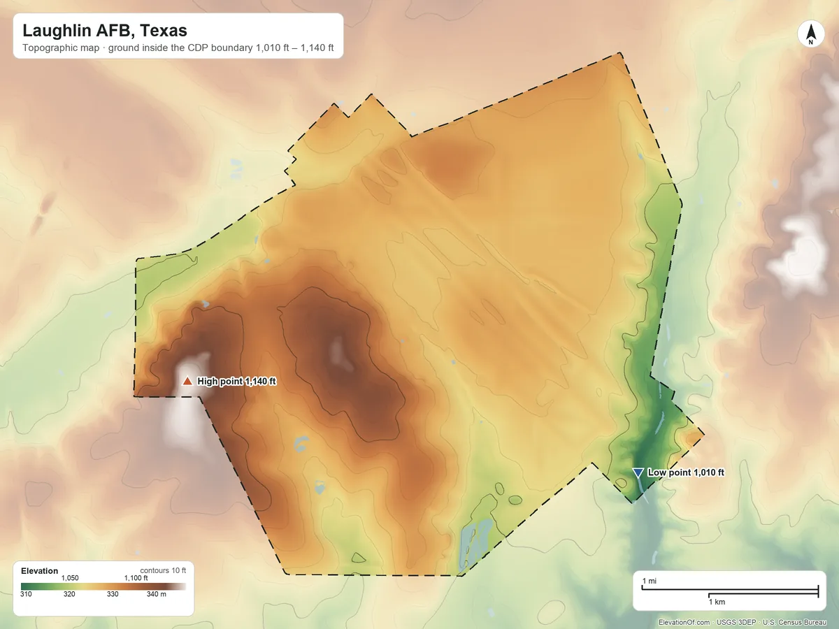 Topographic elevation map of Laughlin AFB, Texas, shaded from 1,010 ft on the east side to 1,140 ft on the west side