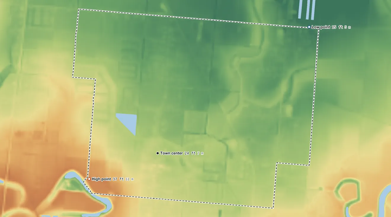 Topographic elevation map of Laureles, Texas, shaded from 15 ft on the northeast side to 37 ft on the west side