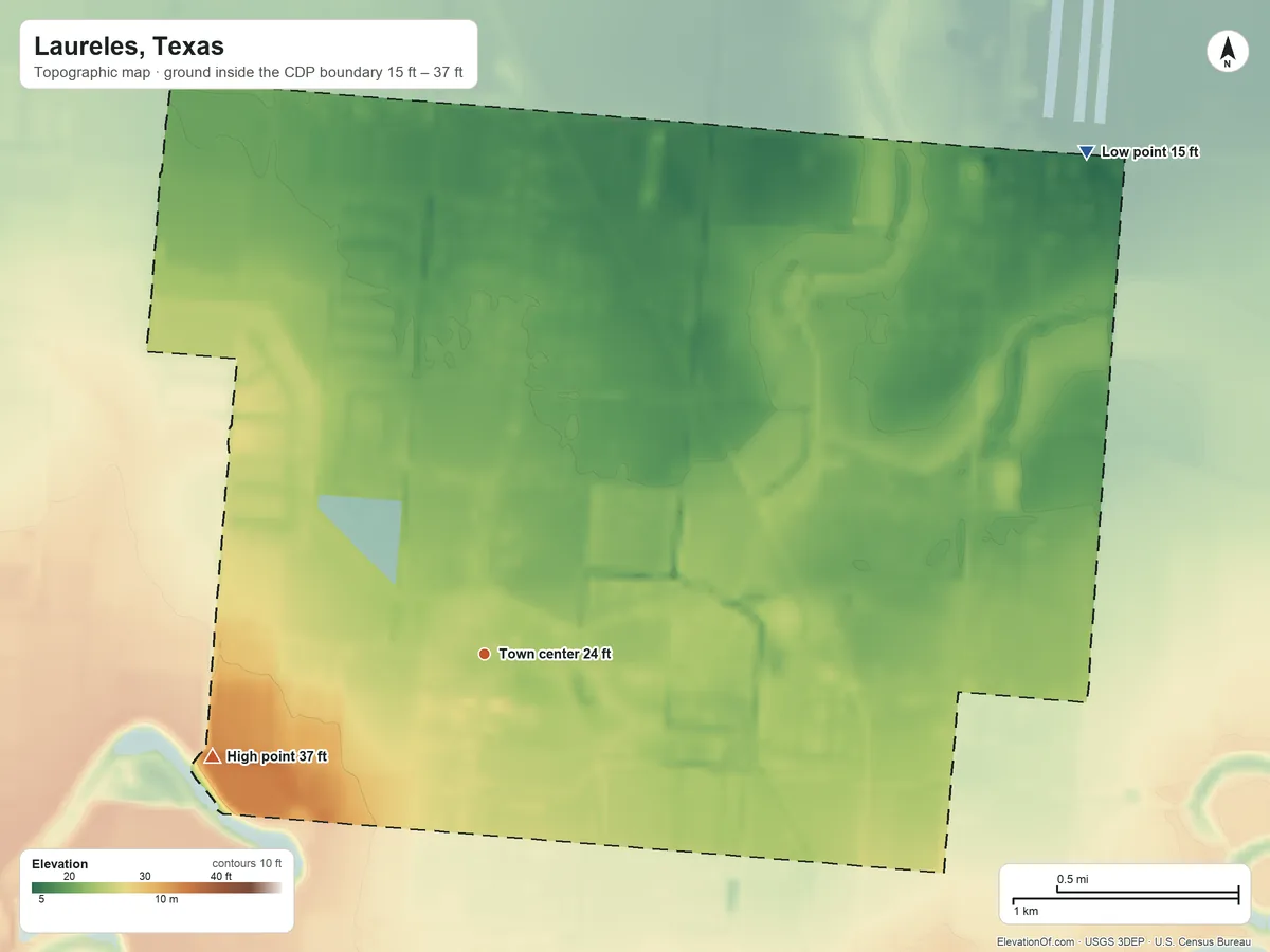 Topographic elevation map of Laureles, Texas, shaded from 15 ft on the northeast side to 37 ft on the west side