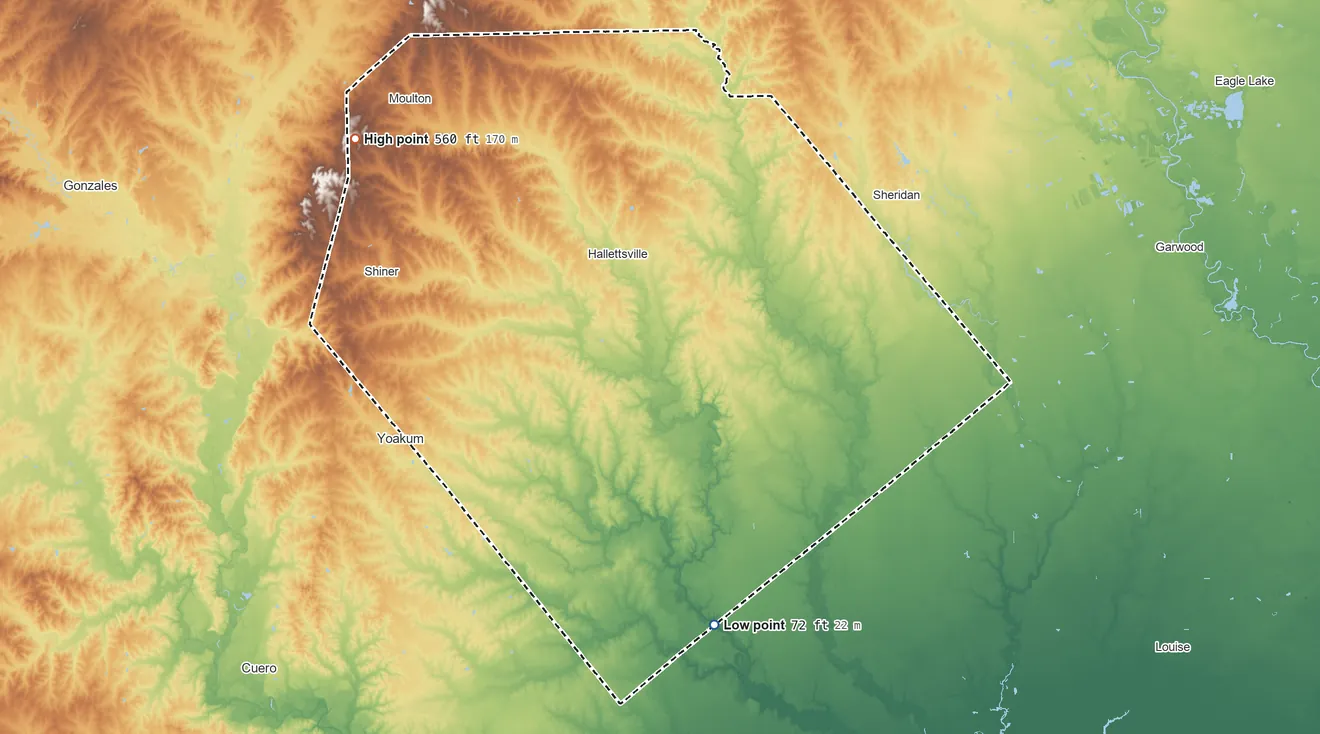 Topographic elevation map of Lavaca County, Texas, shaded from 72 ft on the south side to 560 ft on the northwest side