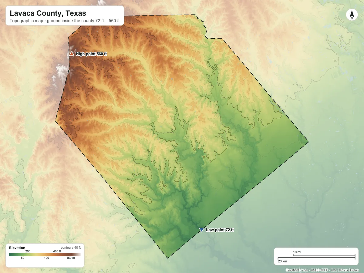 Topographic elevation map of Lavaca County, Texas, shaded from 72 ft on the south side to 560 ft on the northwest side