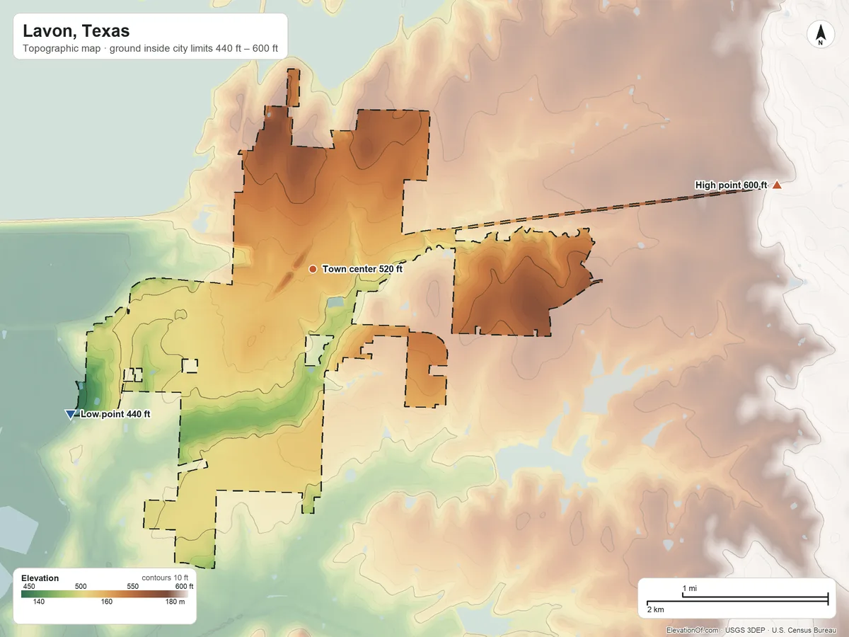 Topographic elevation map of Lavon, Texas, shaded from 440 ft on the southwest side to 600 ft on the east side