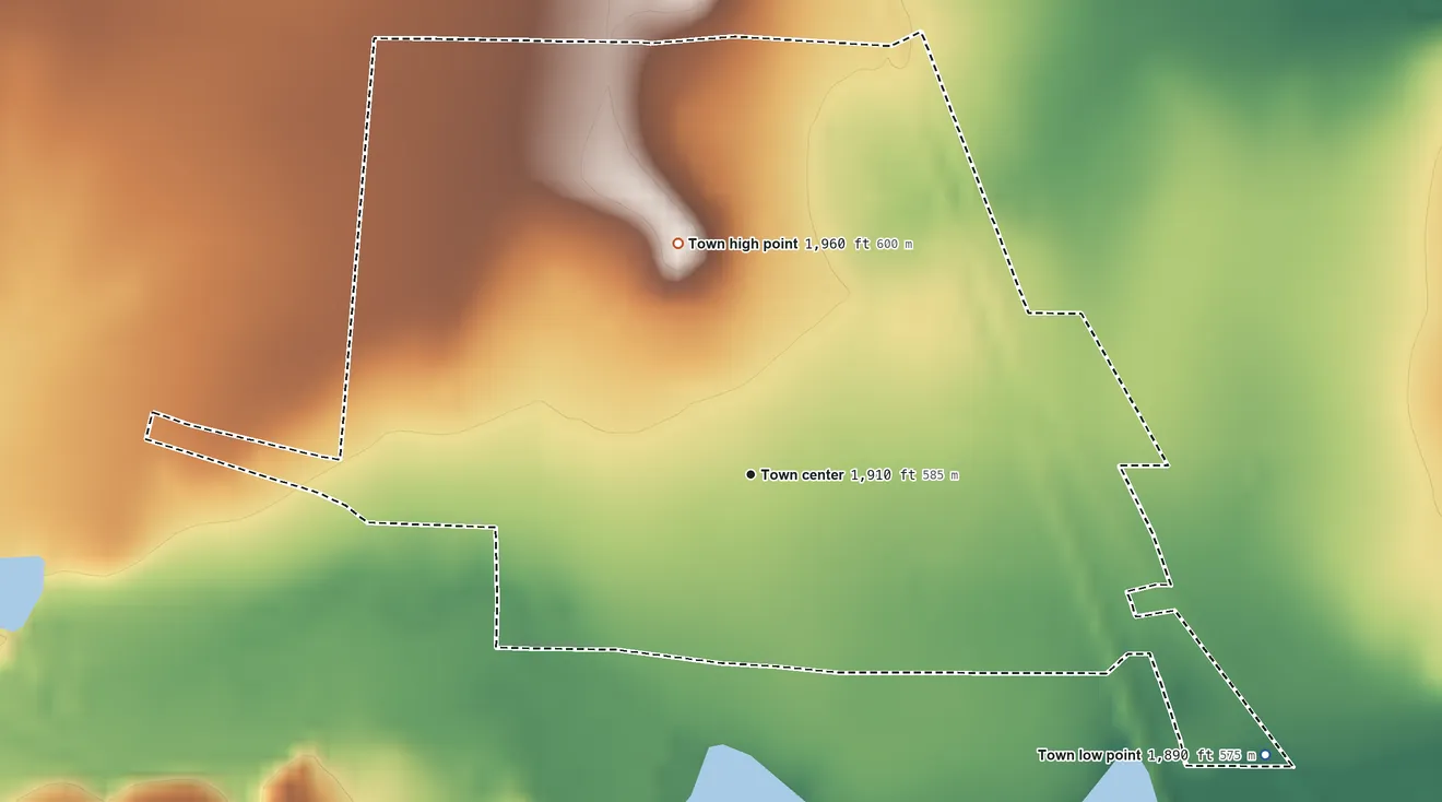Topographic elevation map of Lawn, Texas, shaded from 1,890 ft on the southeast side to 1,960 ft on the north side