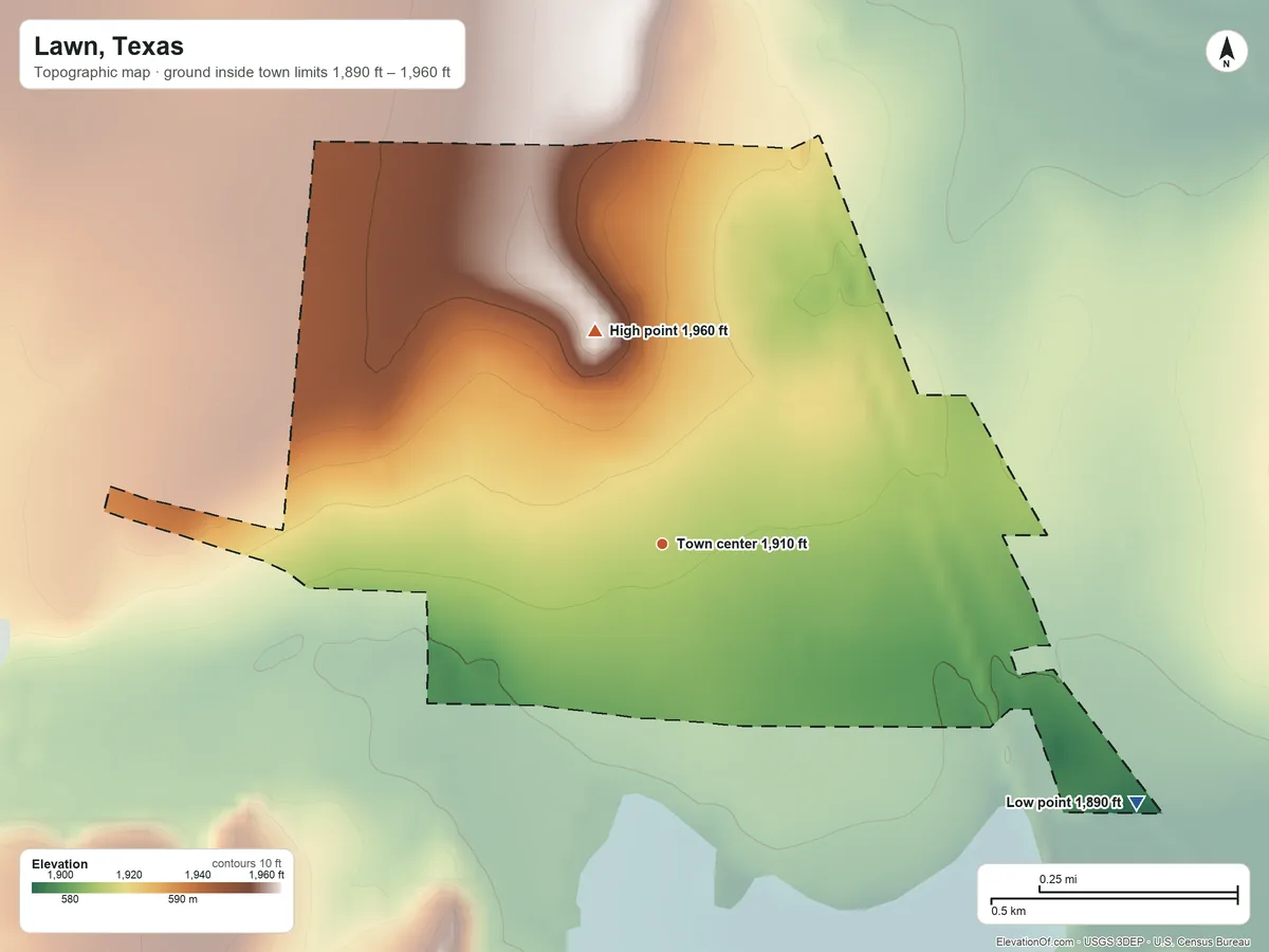 Topographic elevation map of Lawn, Texas, shaded from 1,890 ft on the southeast side to 1,960 ft on the north side