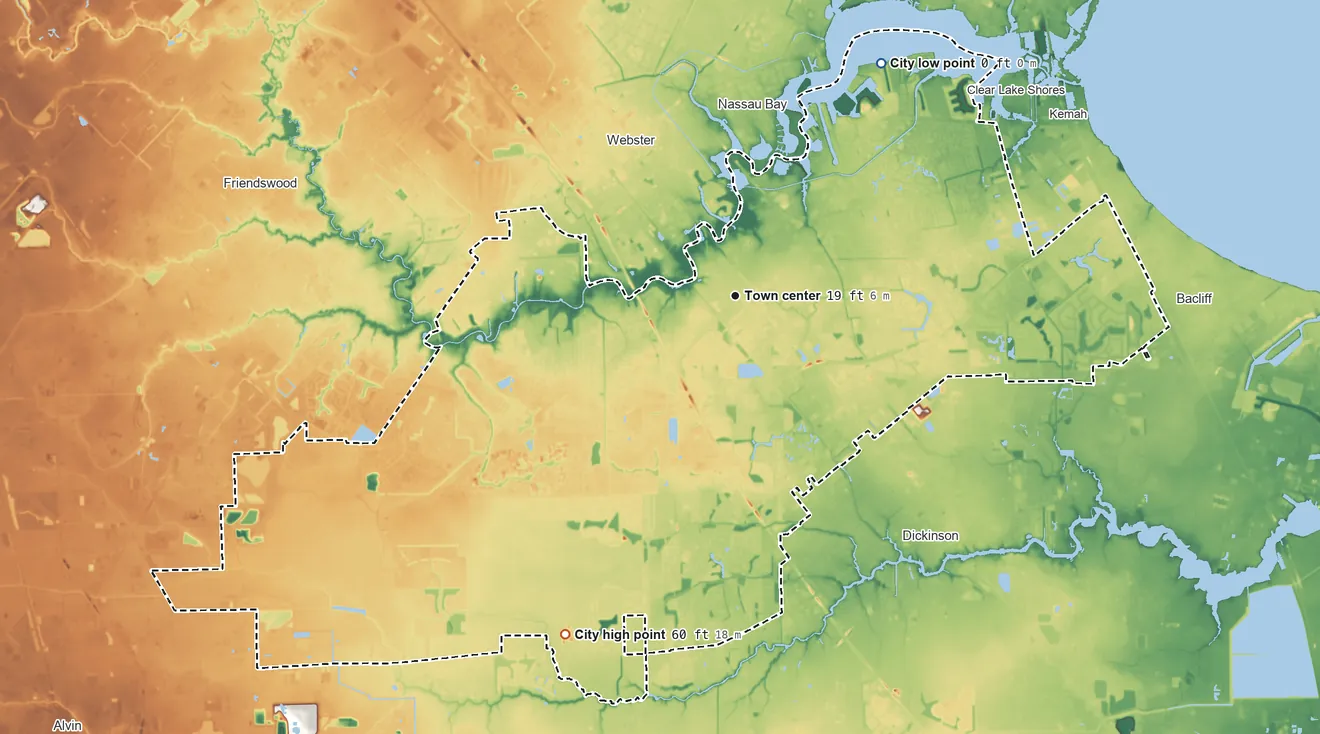 Topographic elevation map of League City, Texas, shaded from sea level level on Nassau Bay to 60 ft on the southwest side