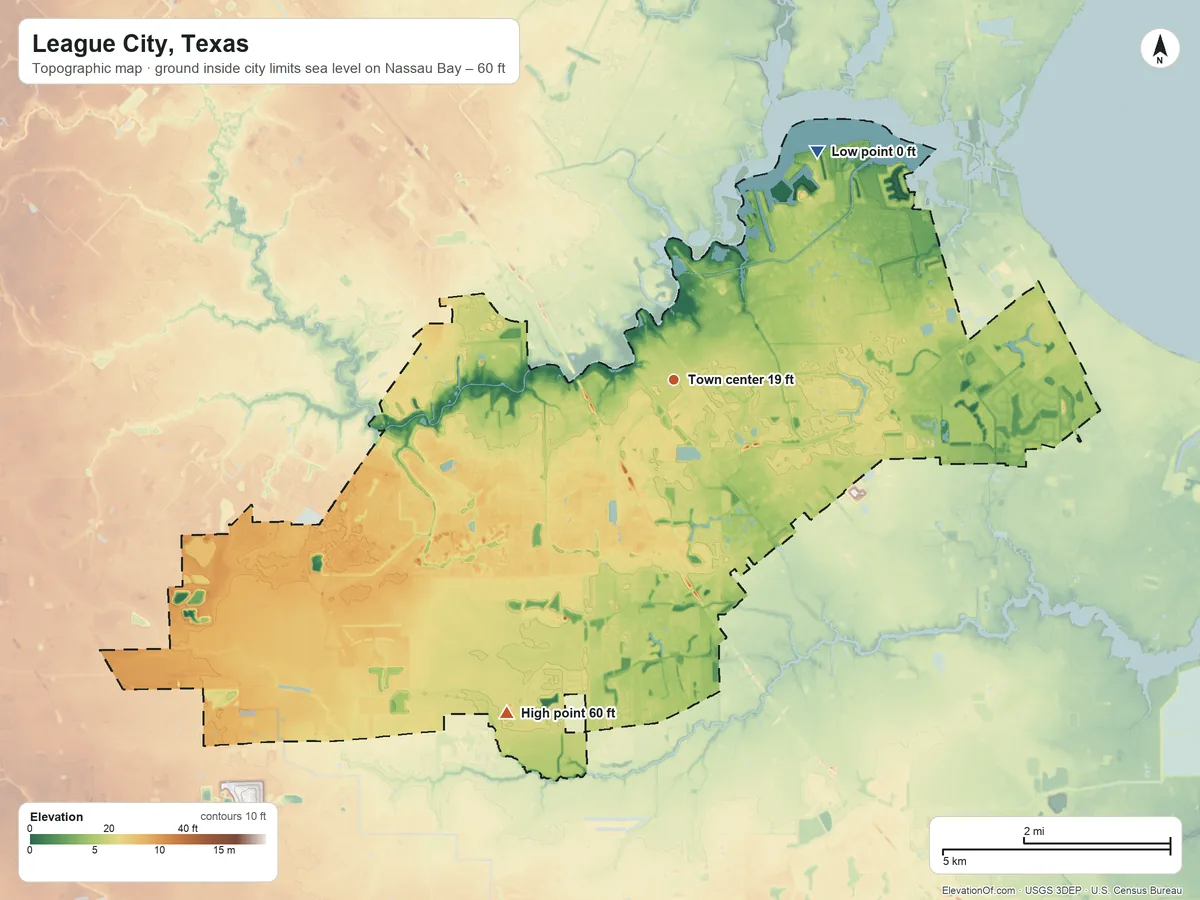 Topographic elevation map of League City, Texas, shaded from sea level level on Nassau Bay to 60 ft on the southwest side