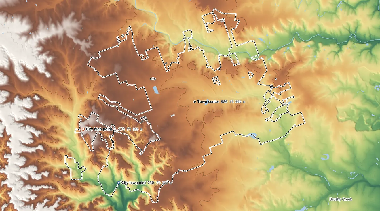 Topographic elevation map of Leander, Texas, shaded from 730 ft on the southwest side to 1,170 ft on the west side