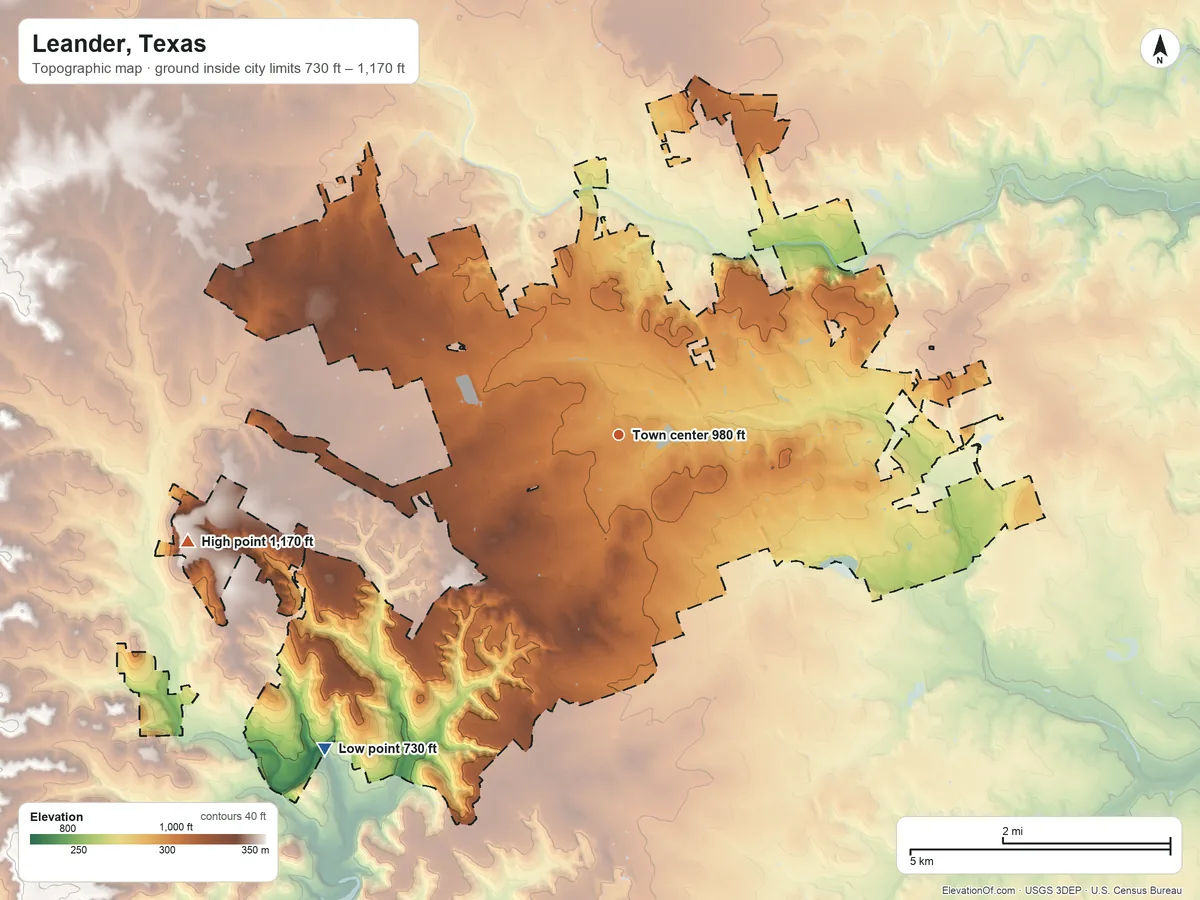 Topographic elevation map of Leander, Texas, shaded from 730 ft on the southwest side to 1,170 ft on the west side