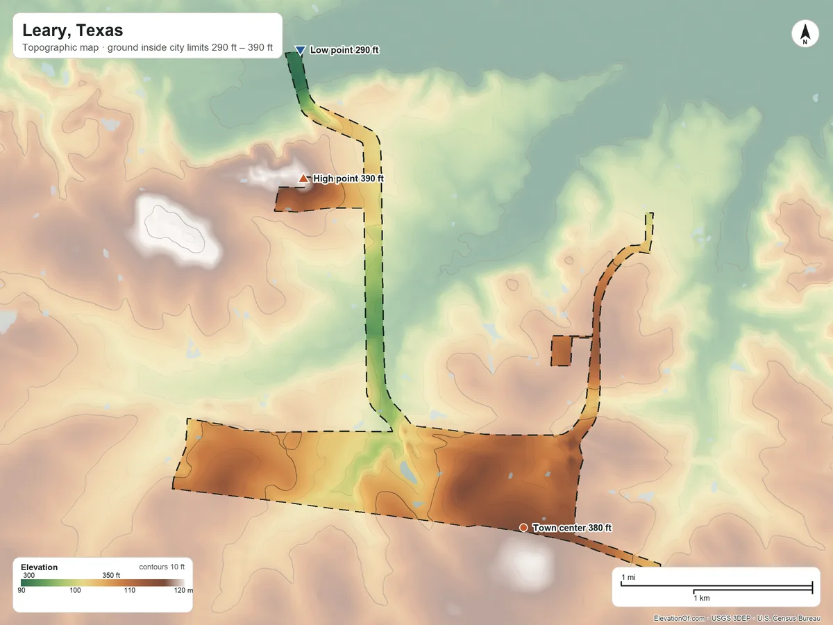 Topographic elevation map of Leary, Texas, shaded from 290 ft on the northwest side to 390 ft on the northwest side