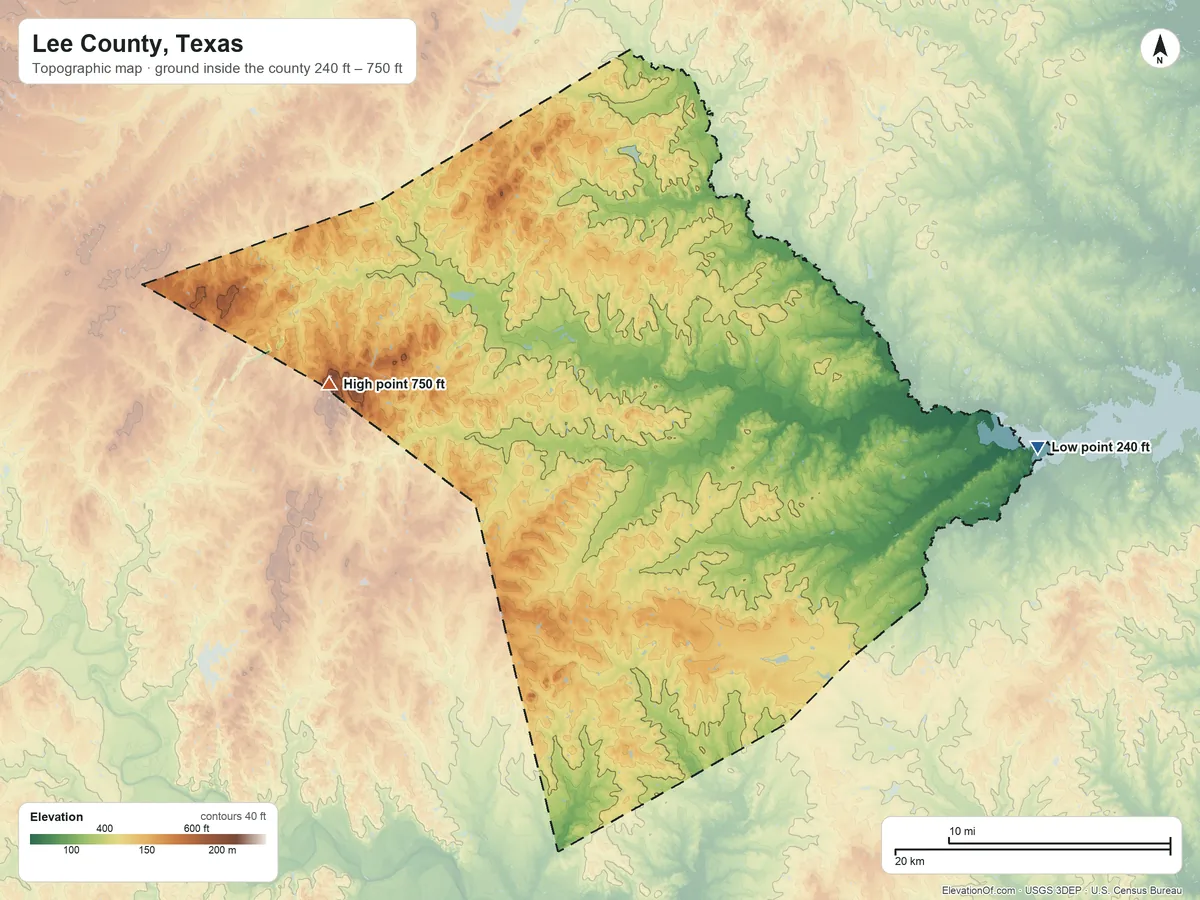 Topographic elevation map of Lee County, Texas, shaded from 240 ft on the east side to 750 ft on Yegua Knobbs