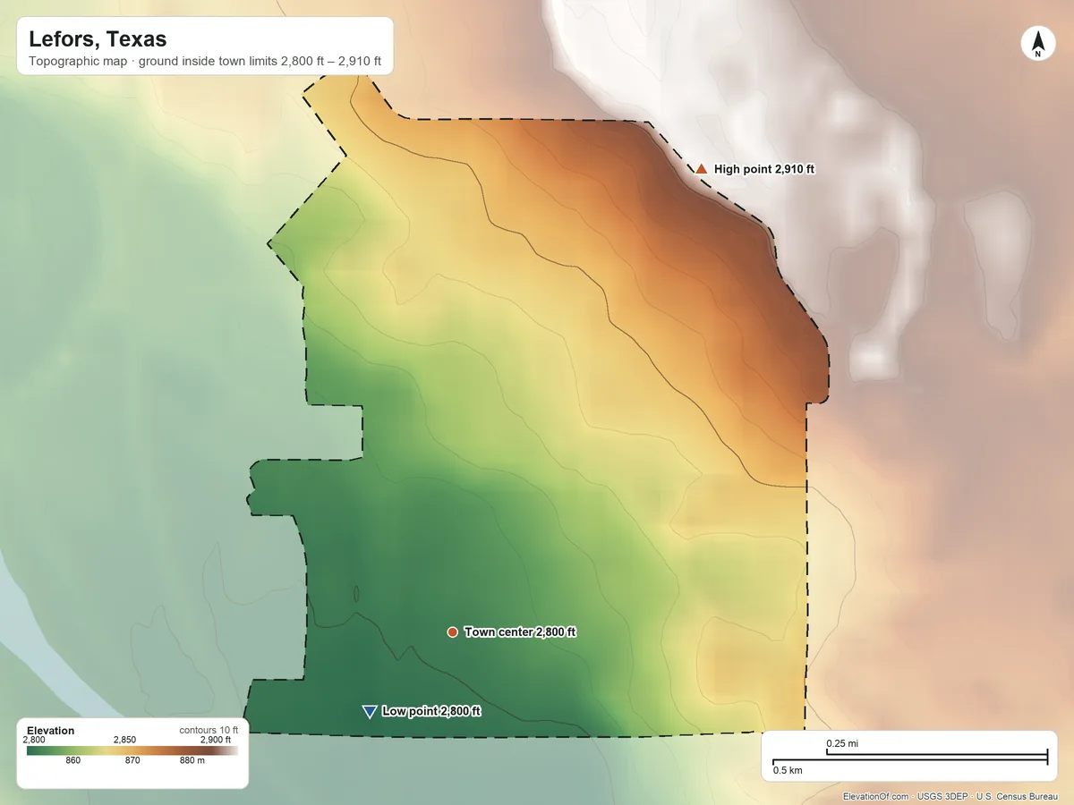 Topographic elevation map of Lefors, Texas, shaded from 2,800 ft on the southwest side to 2,910 ft on the northeast side