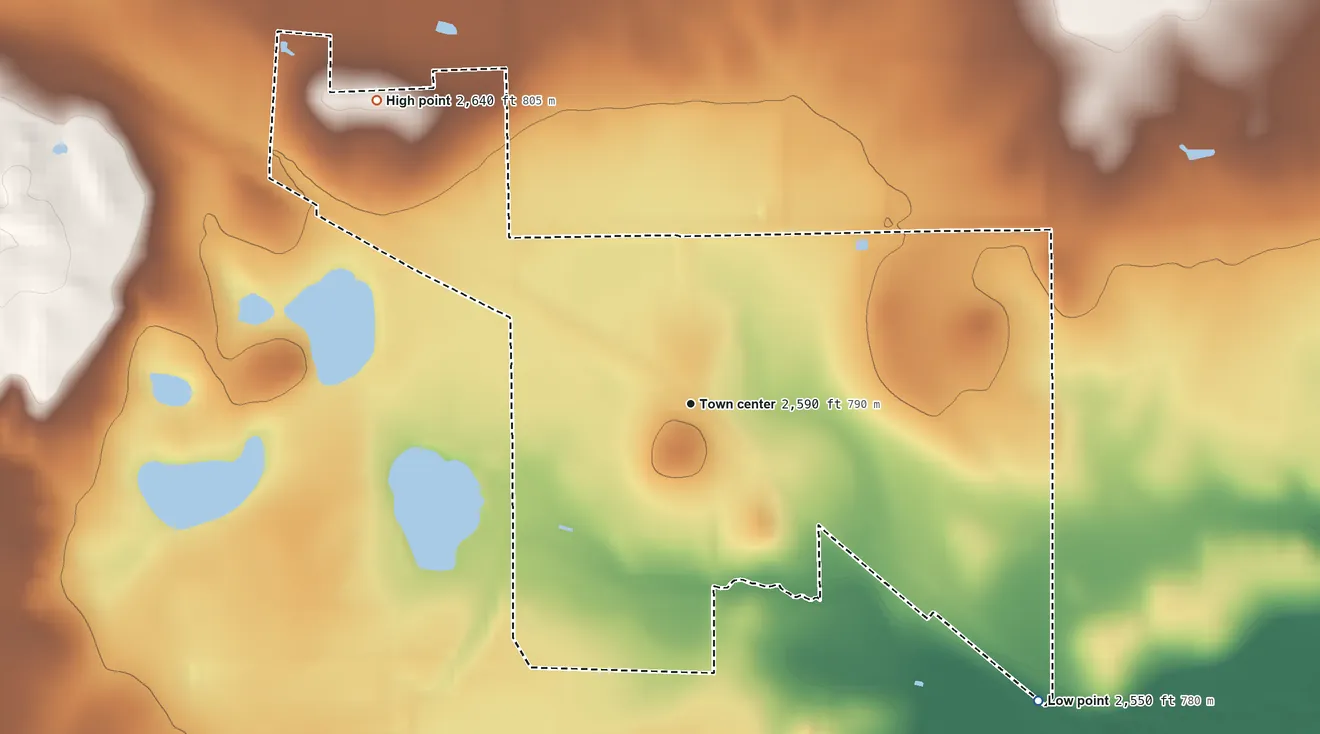 Topographic elevation map of Lelia Lake, Texas, shaded from 2,550 ft on the southeast side to 2,640 ft on the northwest side