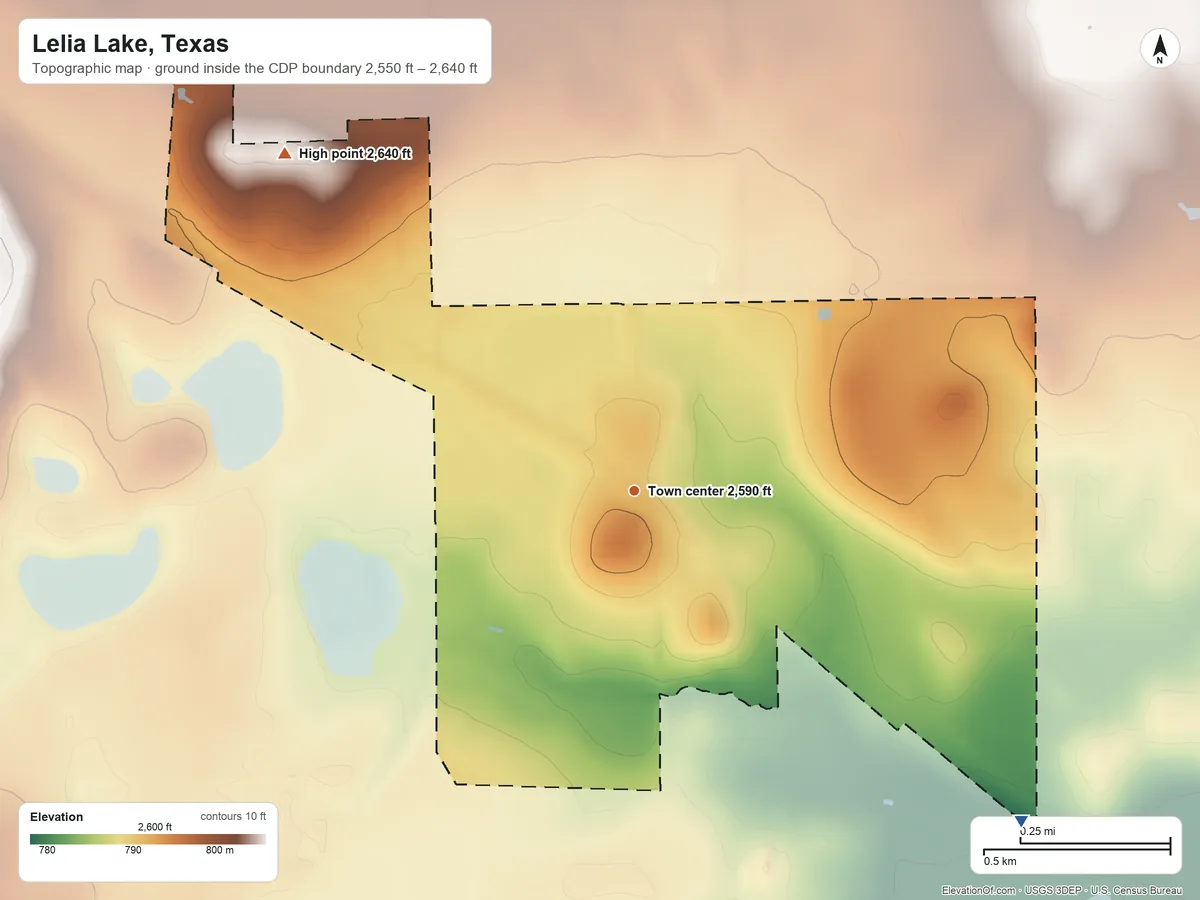 Topographic elevation map of Lelia Lake, Texas, shaded from 2,550 ft on the southeast side to 2,640 ft on the northwest side