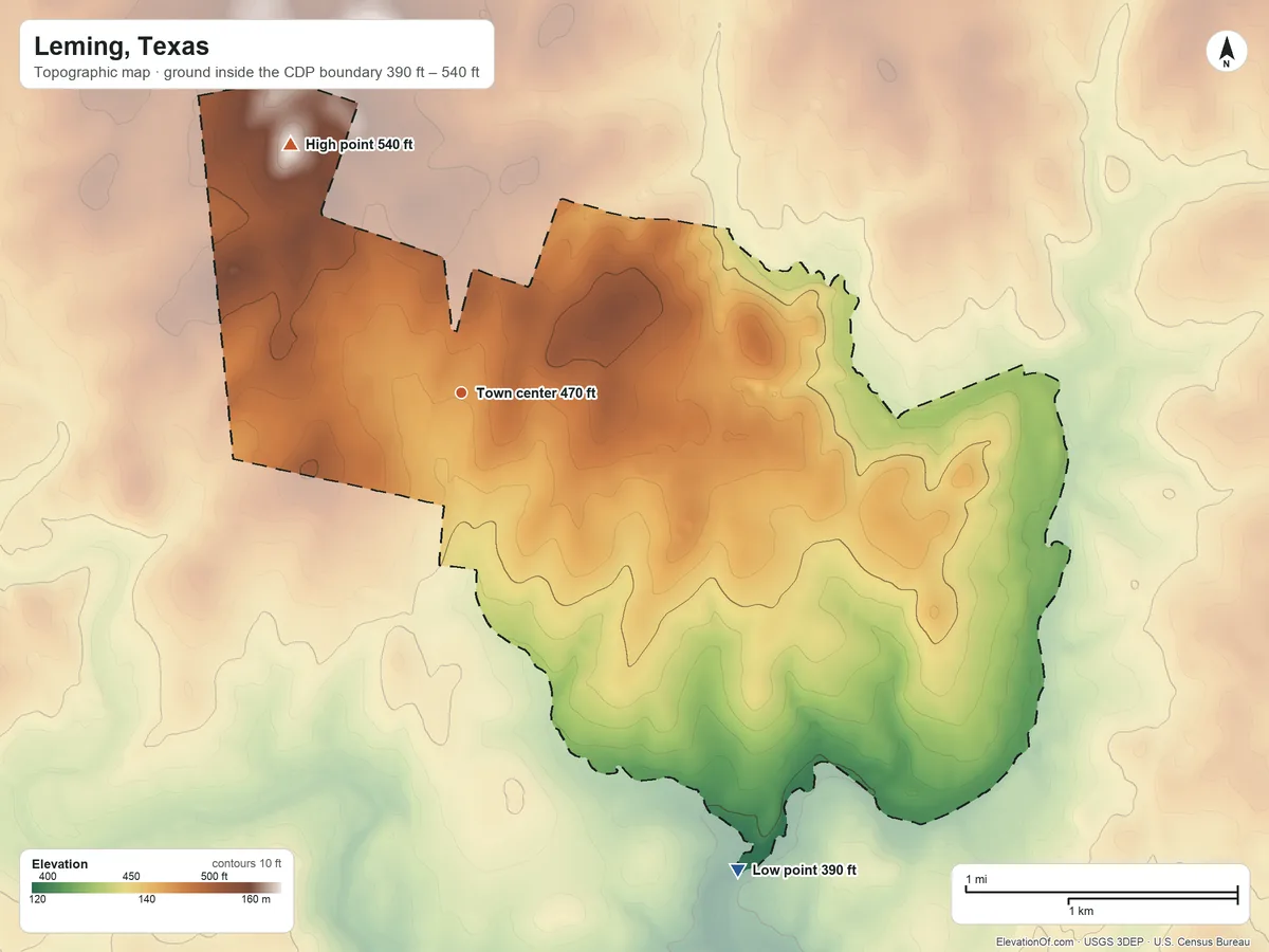 Topographic elevation map of Leming, Texas, shaded from 390 ft on the southeast side to 540 ft on the northwest side