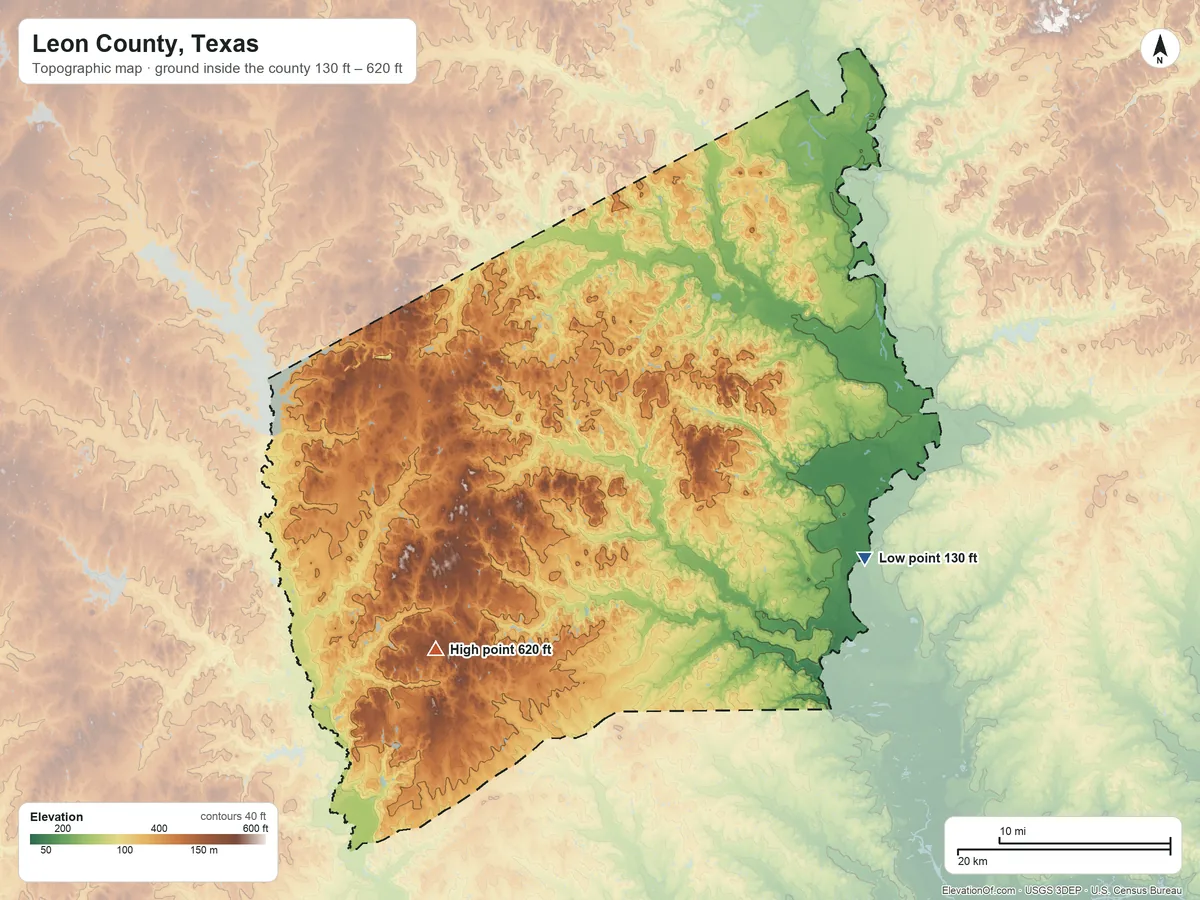 Topographic elevation map of Leon County, Texas, shaded from 130 ft on the east side to 620 ft on the southwest side