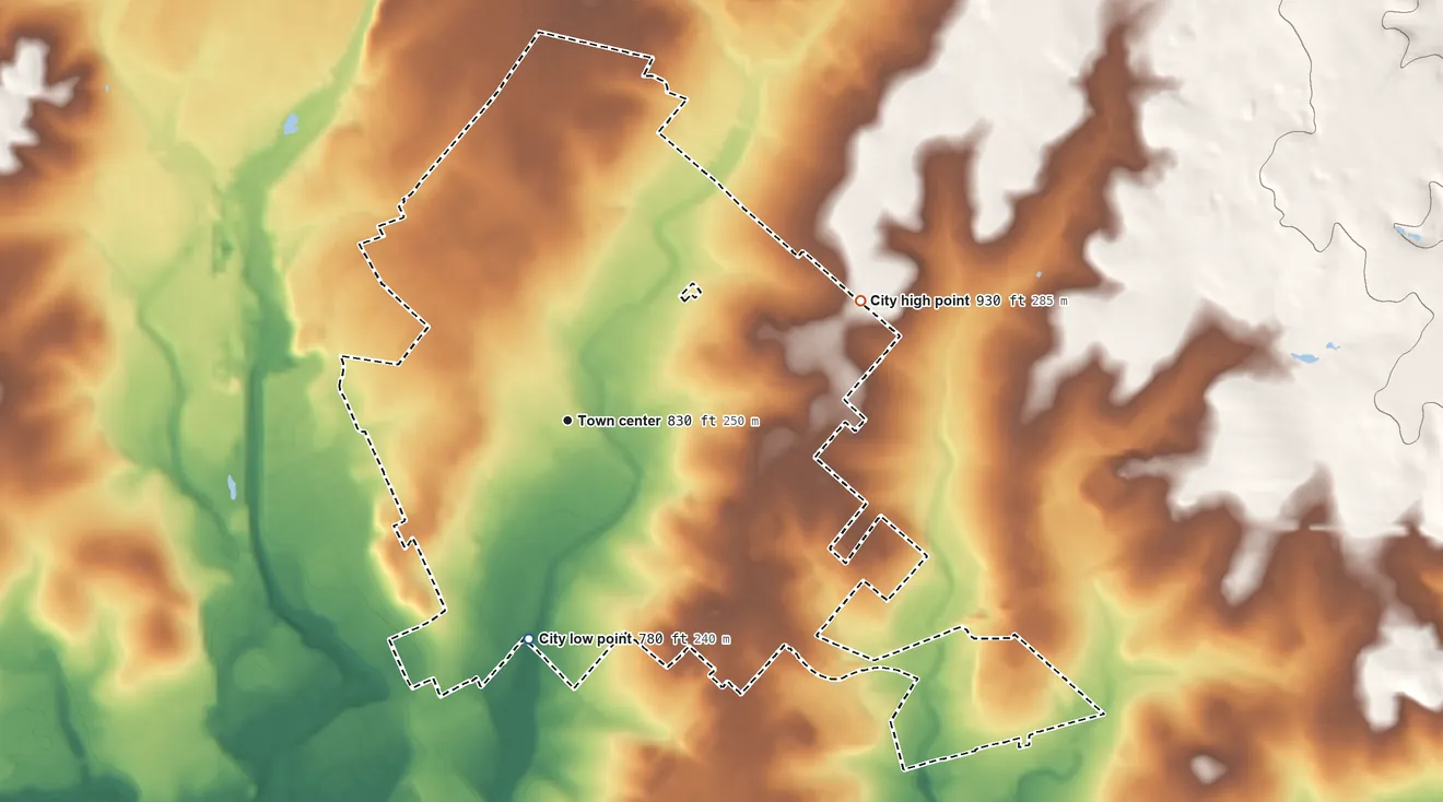 Topographic elevation map of Leon Valley, Texas, shaded from 780 ft on the south side to 930 ft on the east side
