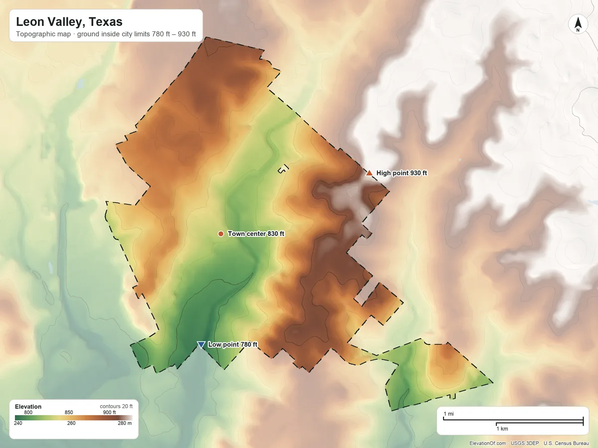 Topographic elevation map of Leon Valley, Texas, shaded from 780 ft on the south side to 930 ft on the east side