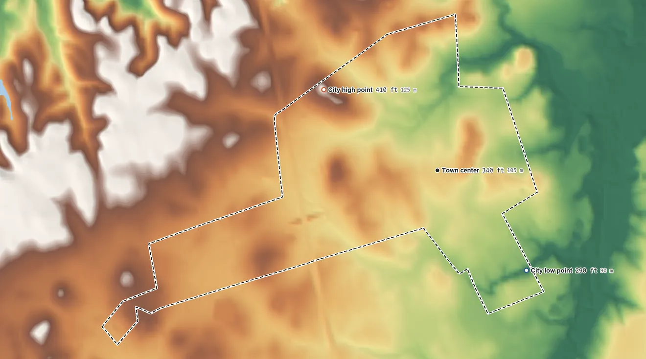Topographic elevation map of Leona, Texas, shaded from 290 ft on the southeast side to 410 ft on the northwest side