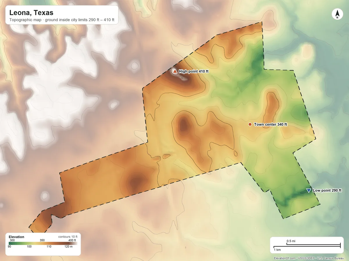Topographic elevation map of Leona, Texas, shaded from 290 ft on the southeast side to 410 ft on the northwest side