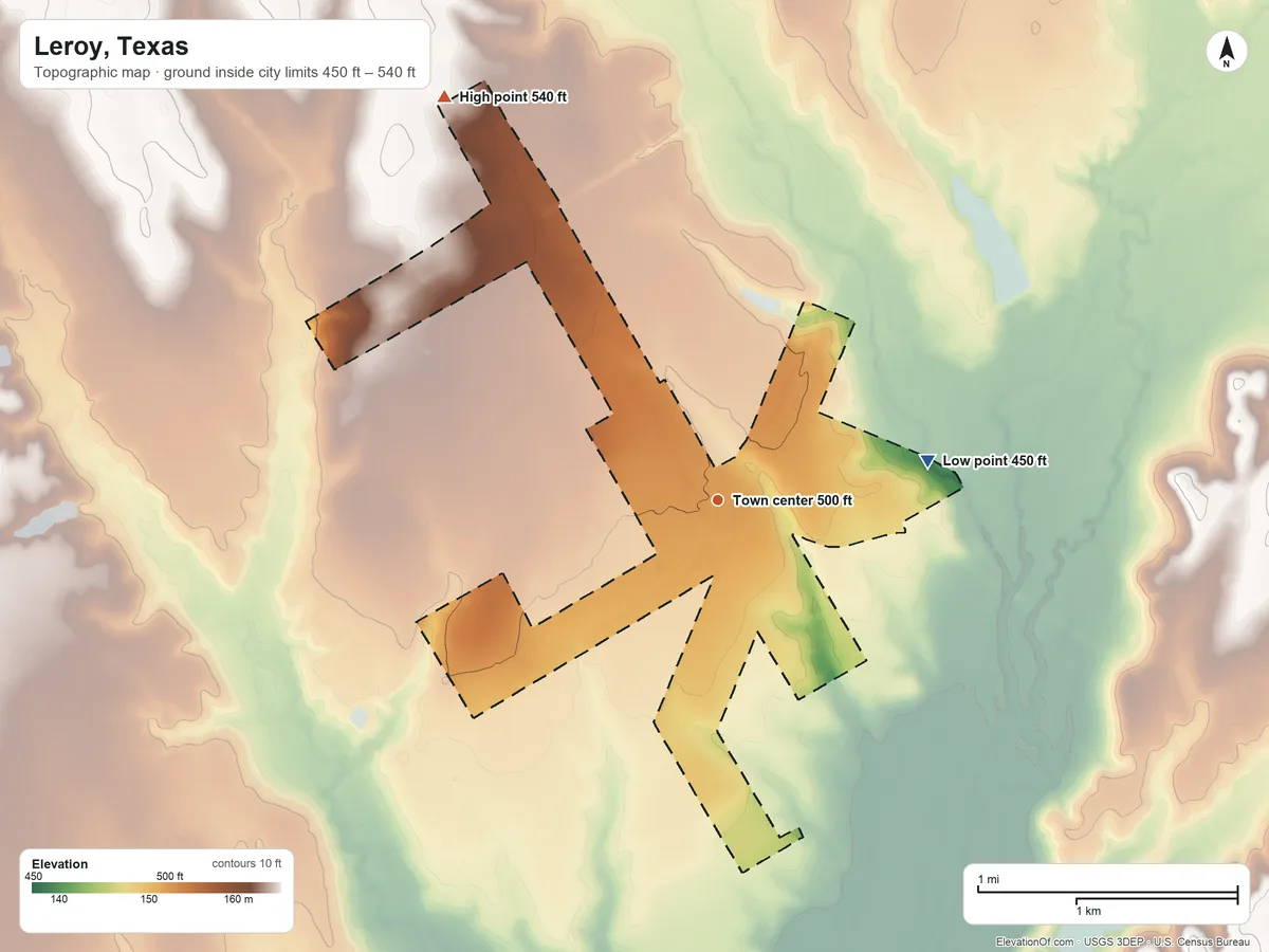Topographic elevation map of Leroy, Texas, shaded from 450 ft on the east side to 540 ft on the northwest side