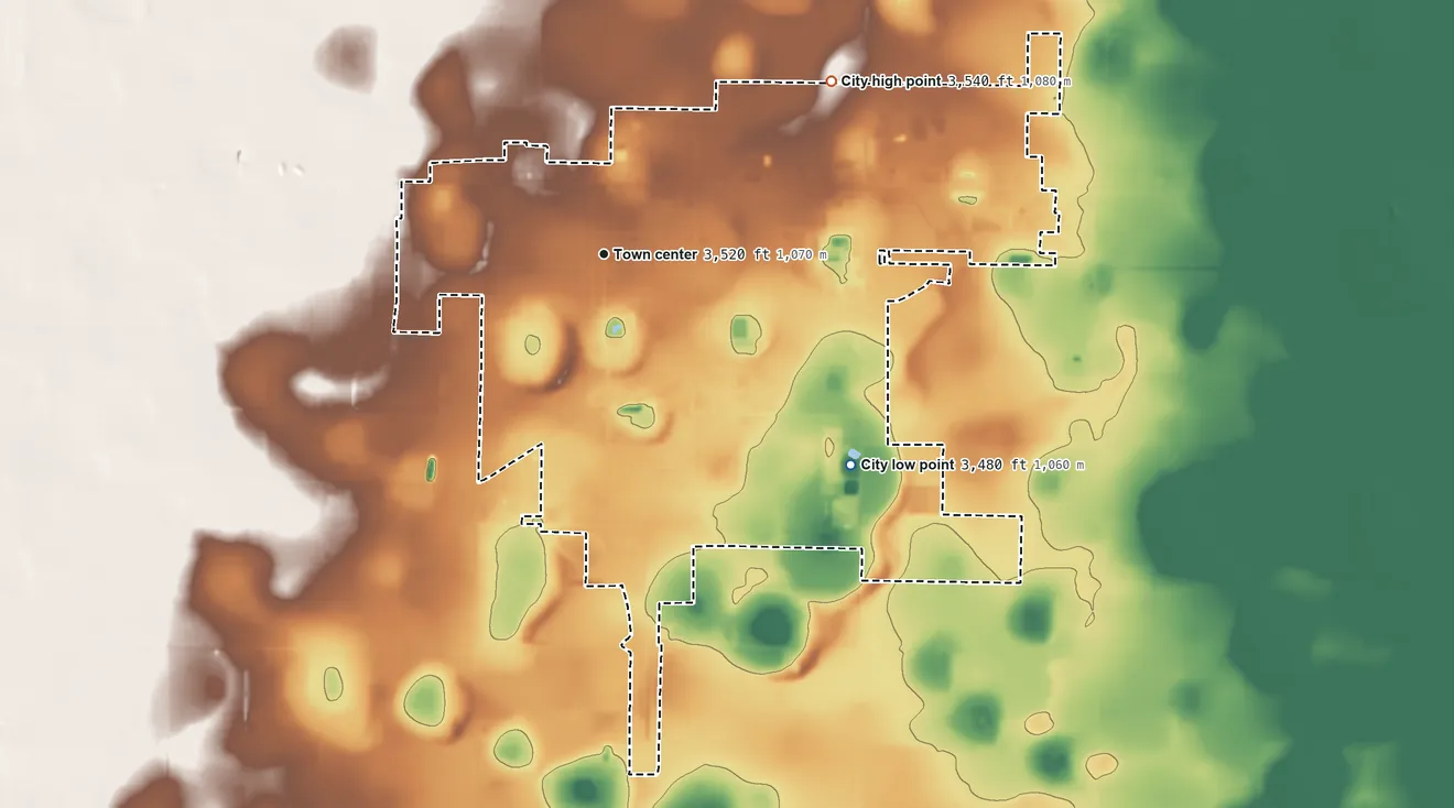 Topographic elevation map of Levelland, Texas, shaded from 3,480 ft on the southeast side to 3,540 ft on the northeast side