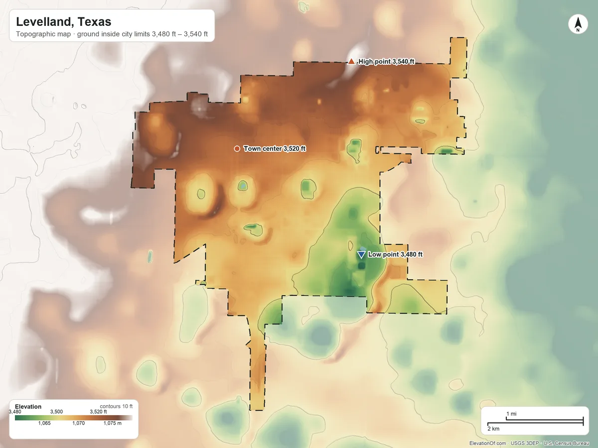 Topographic elevation map of Levelland, Texas, shaded from 3,480 ft on the southeast side to 3,540 ft on the northeast side