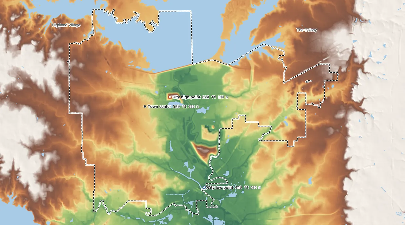 Topographic elevation map of Lewisville, Texas, shaded from 440 ft on the southeast side to 620 ft near the middle